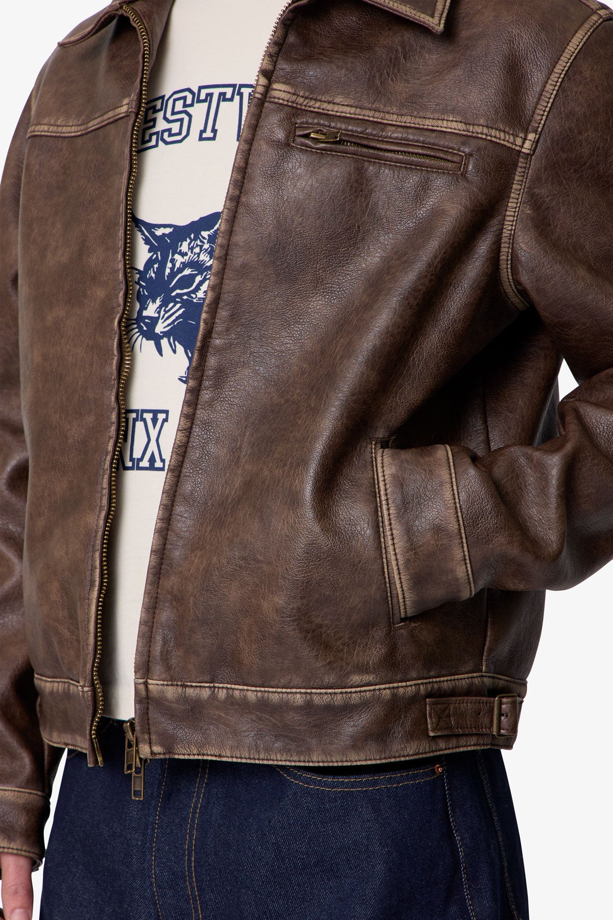 Washed Leather Jacket - Brown - Image 7
