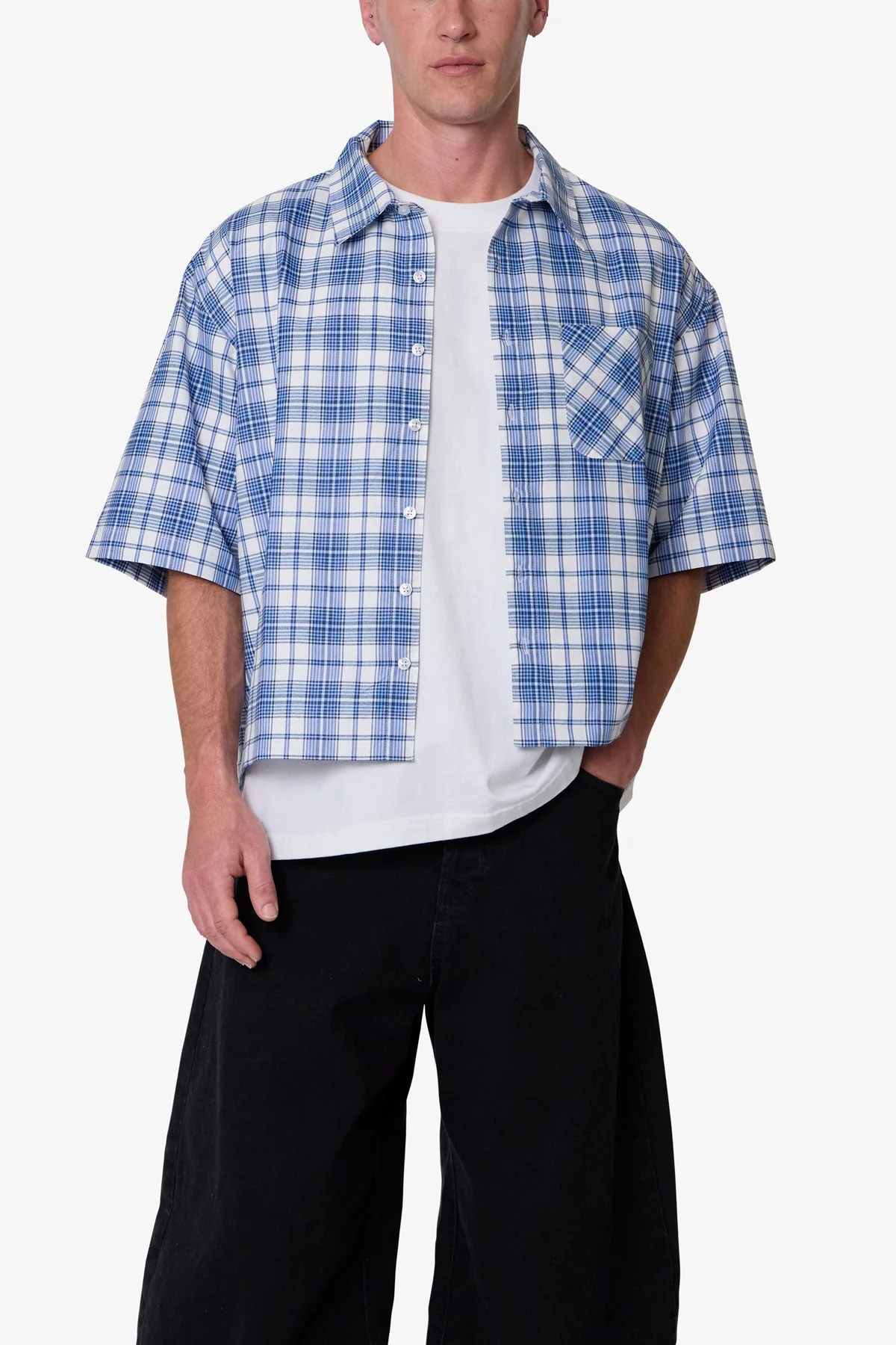 Crop Flannel S/S Shirt - Blue - Image 6