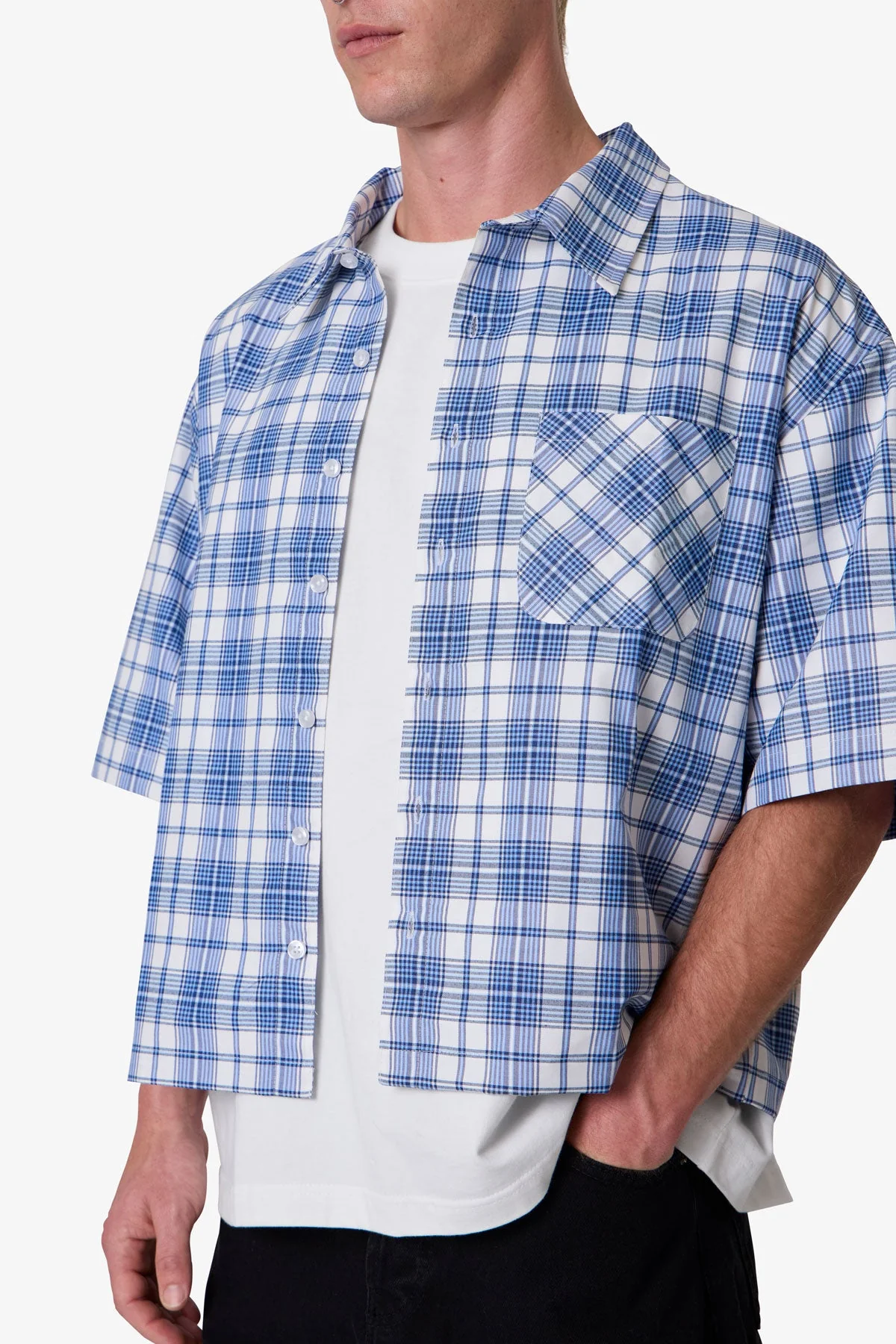 Crop Flannel S/S Shirt - Blue - Image 7