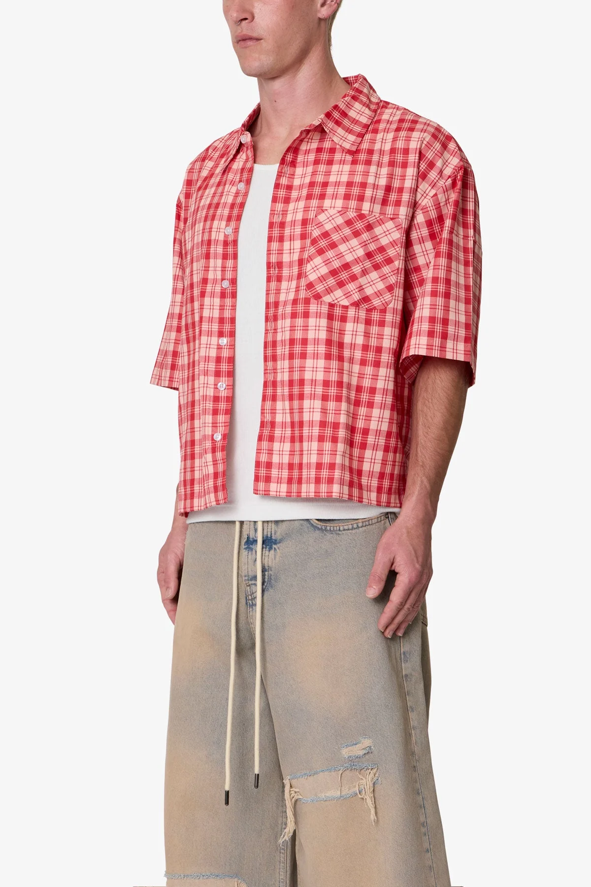 Crop Flannel S/S Shirt - Red - Image 3