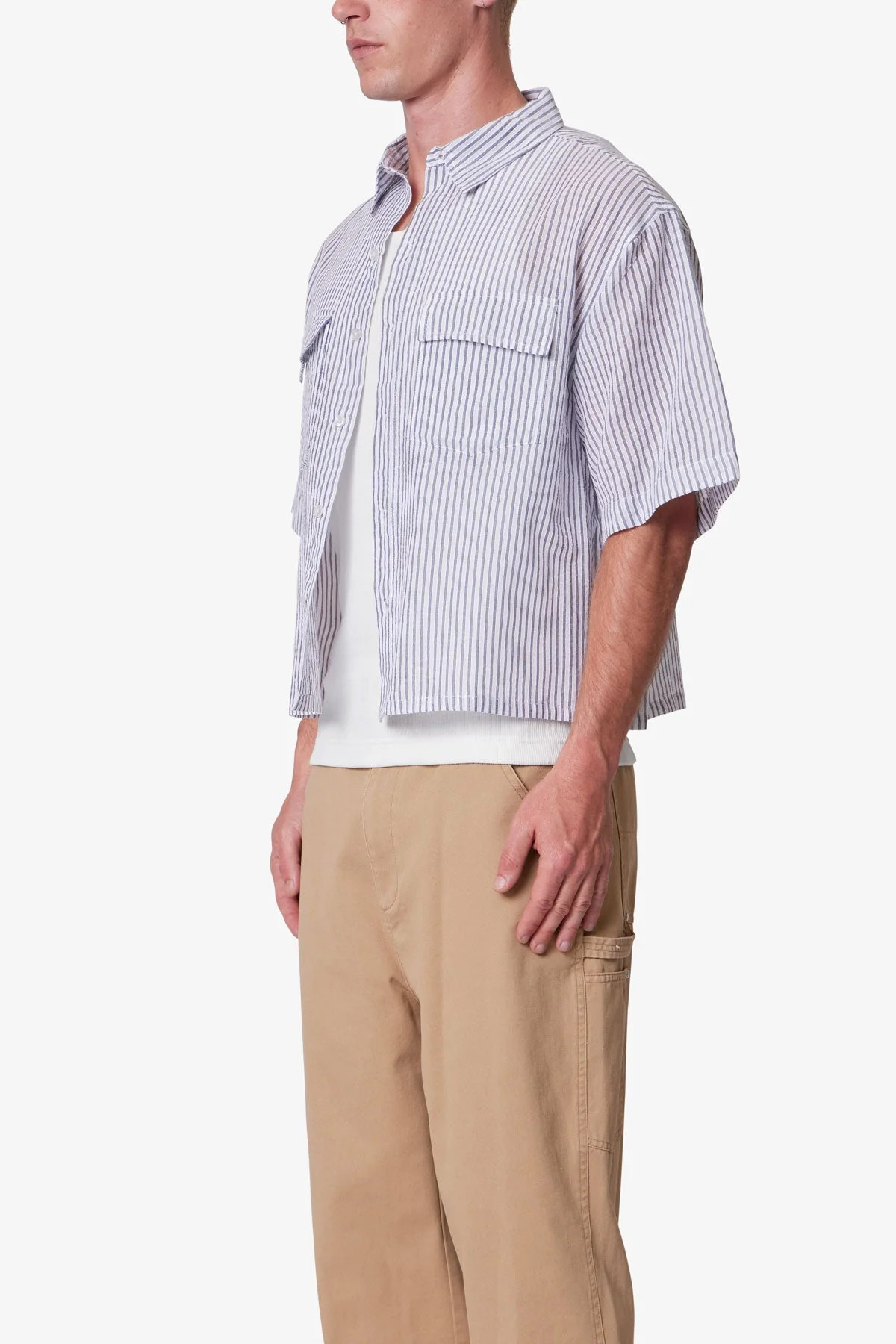 Cropped Boxy Striped S/S Shirt - Blue - Image 3