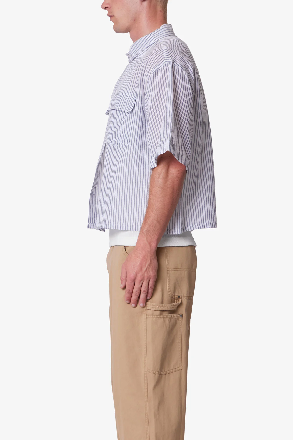 Cropped Boxy Striped S/S Shirt - Blue - Image 4