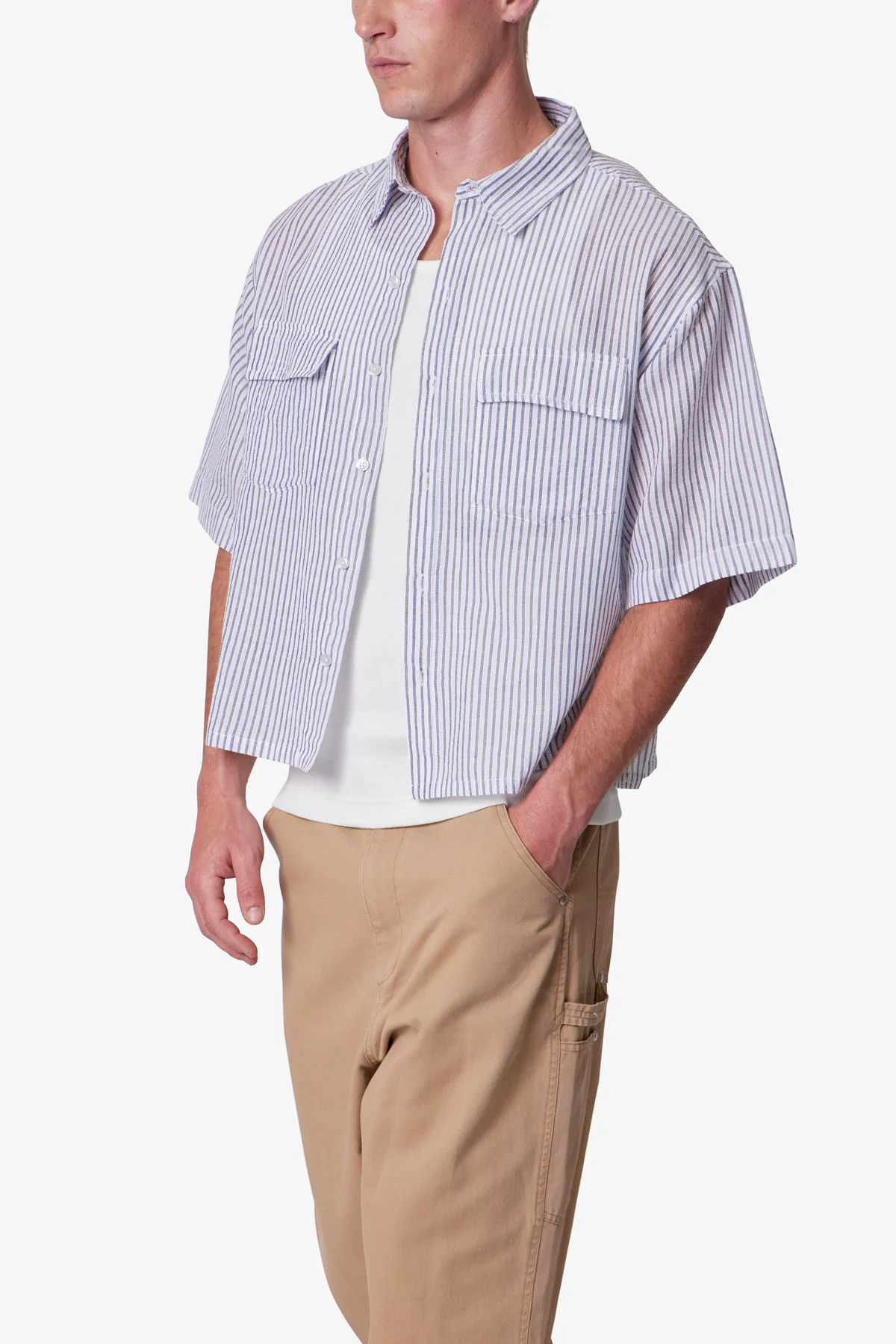 Cropped Boxy Striped S/S Shirt - Blue - Image 6