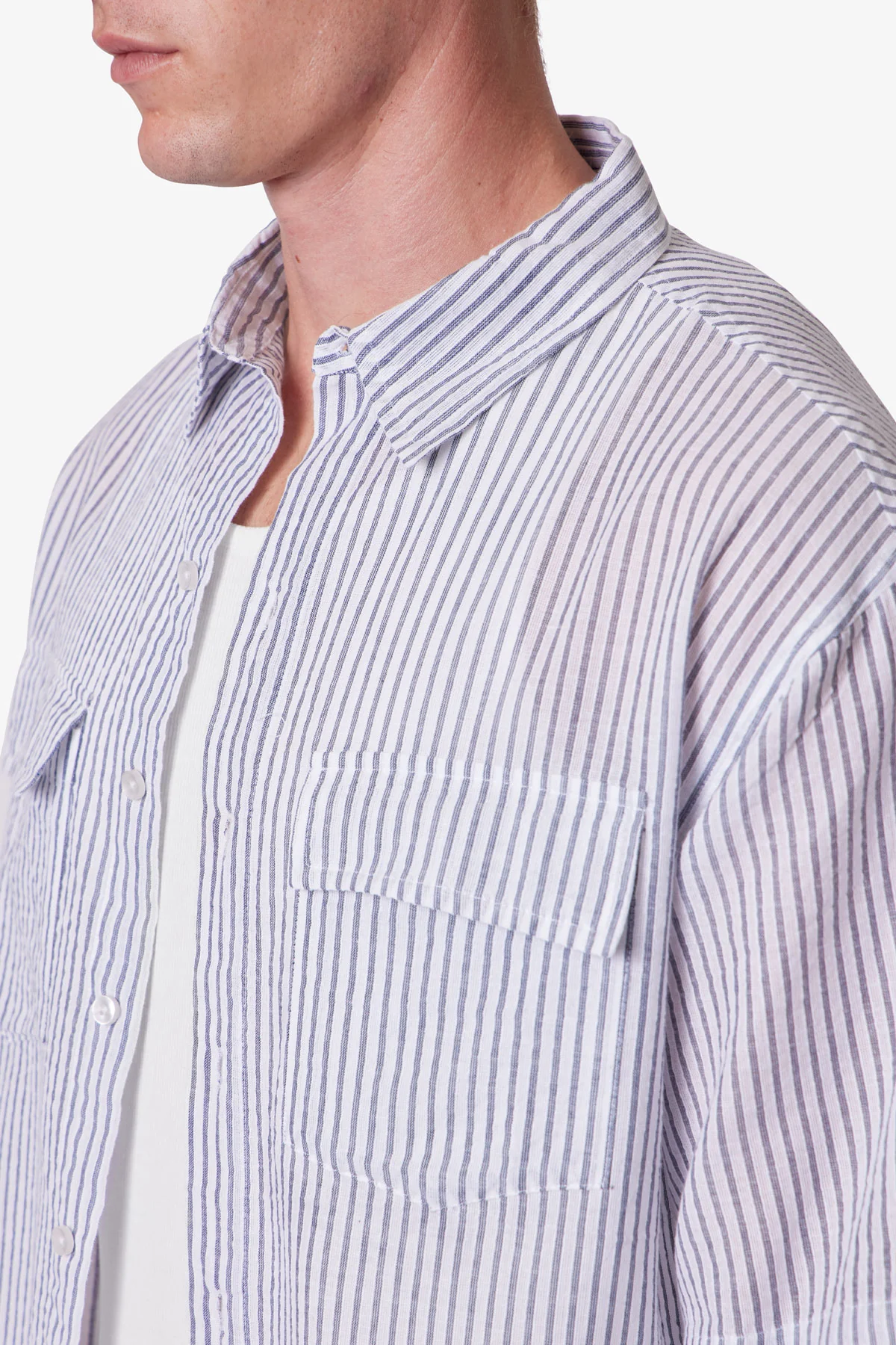 Cropped Boxy Striped S/S Shirt - Blue - Image 7