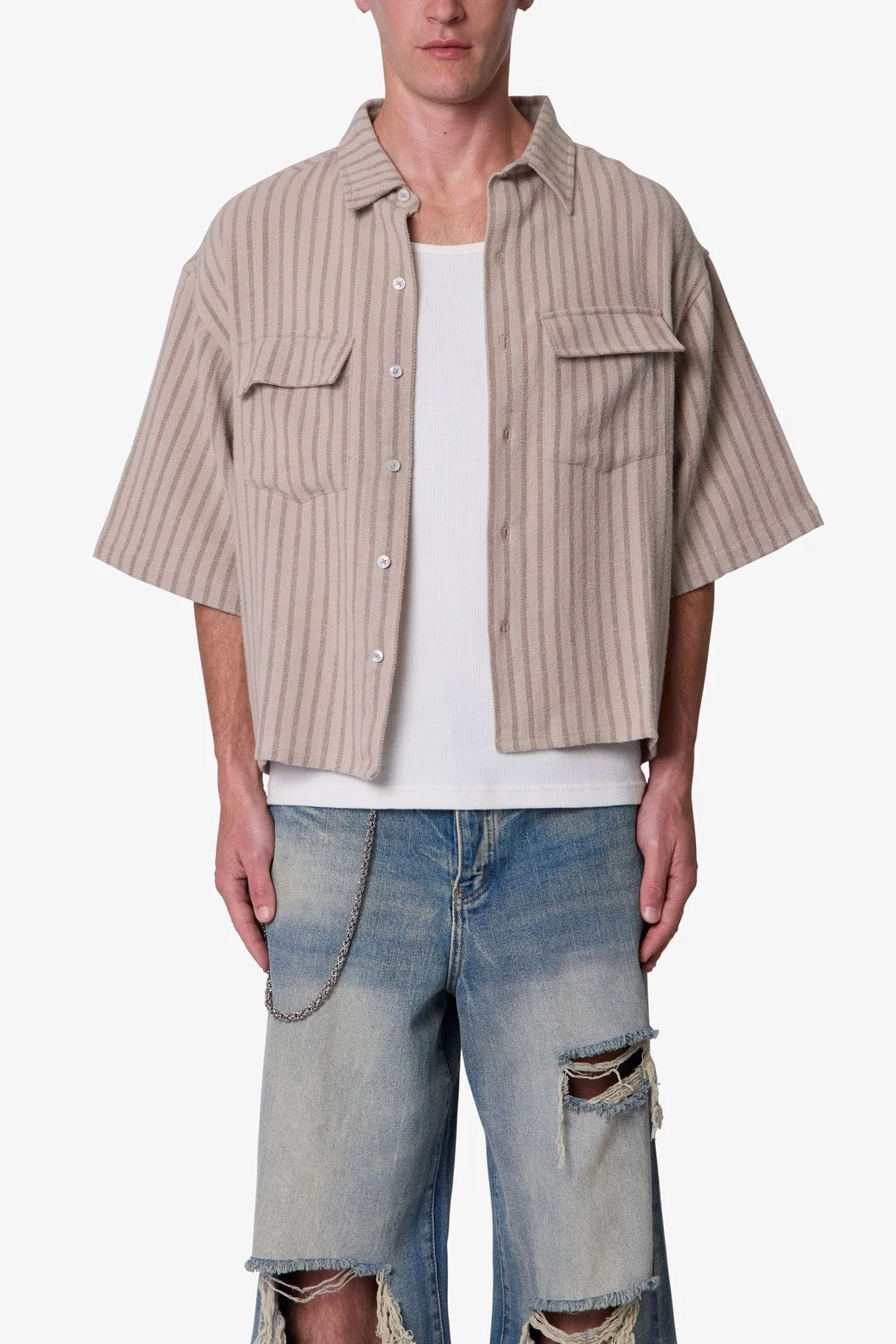 Cropped Boxy Striped S/S Shirt - Khaki - Image 2