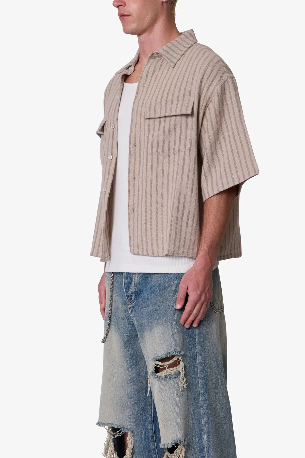Cropped Boxy Striped S/S Shirt - Khaki - Image 3