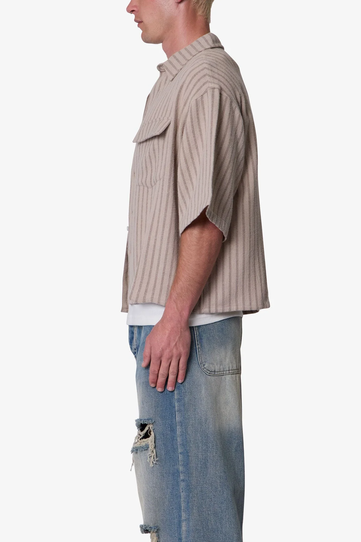 Cropped Boxy Striped S/S Shirt - Khaki - Image 4