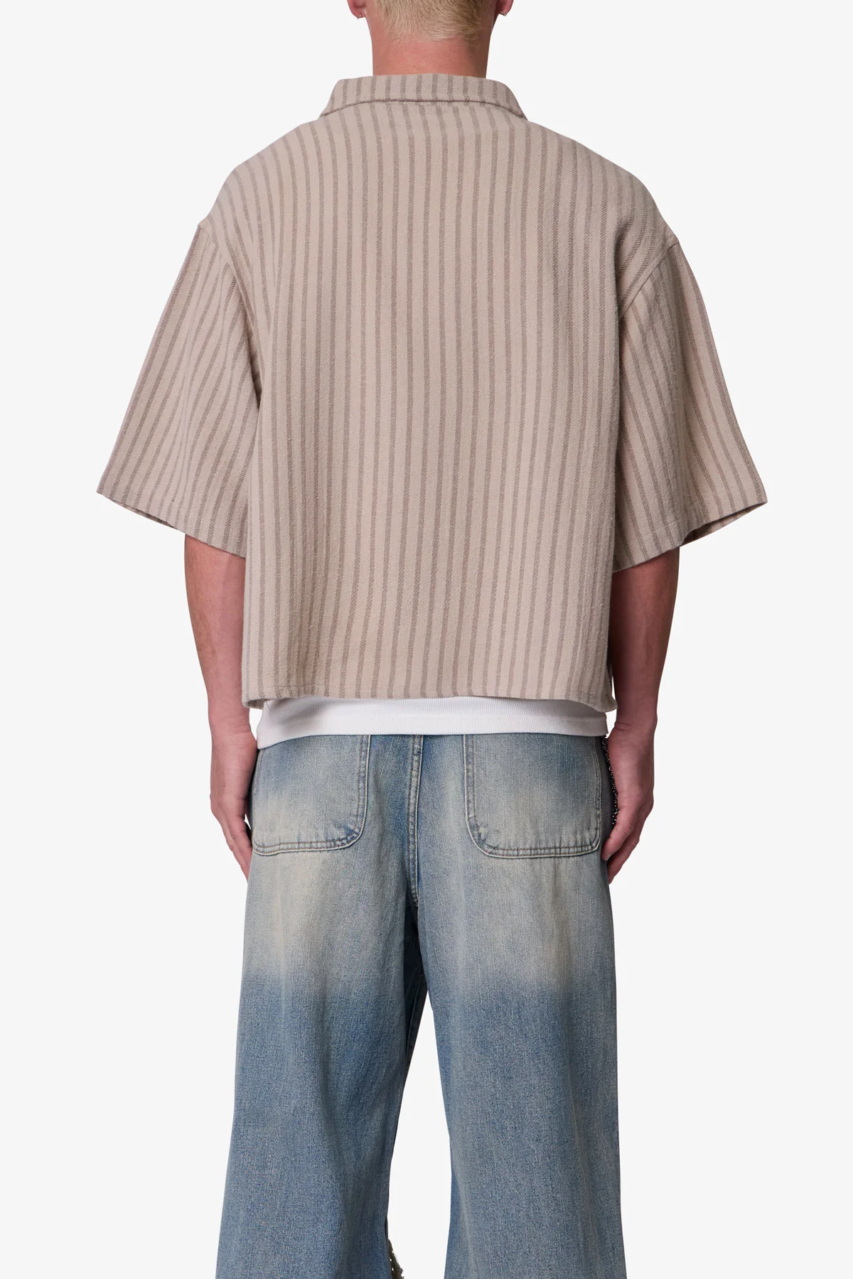 Cropped Boxy Striped S/S Shirt - Khaki - Image 5