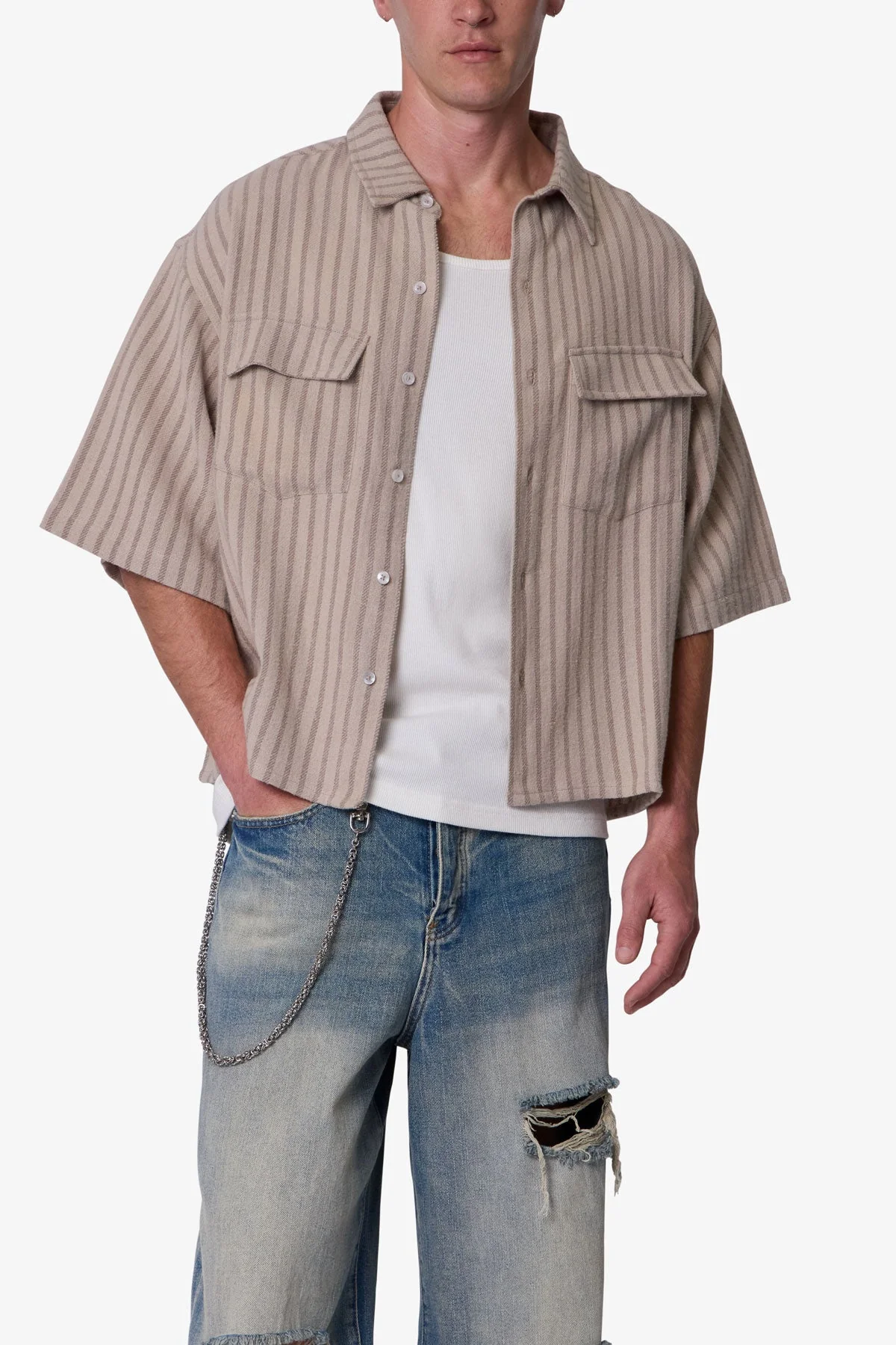 Cropped Boxy Striped S/S Shirt - Khaki - Image 6