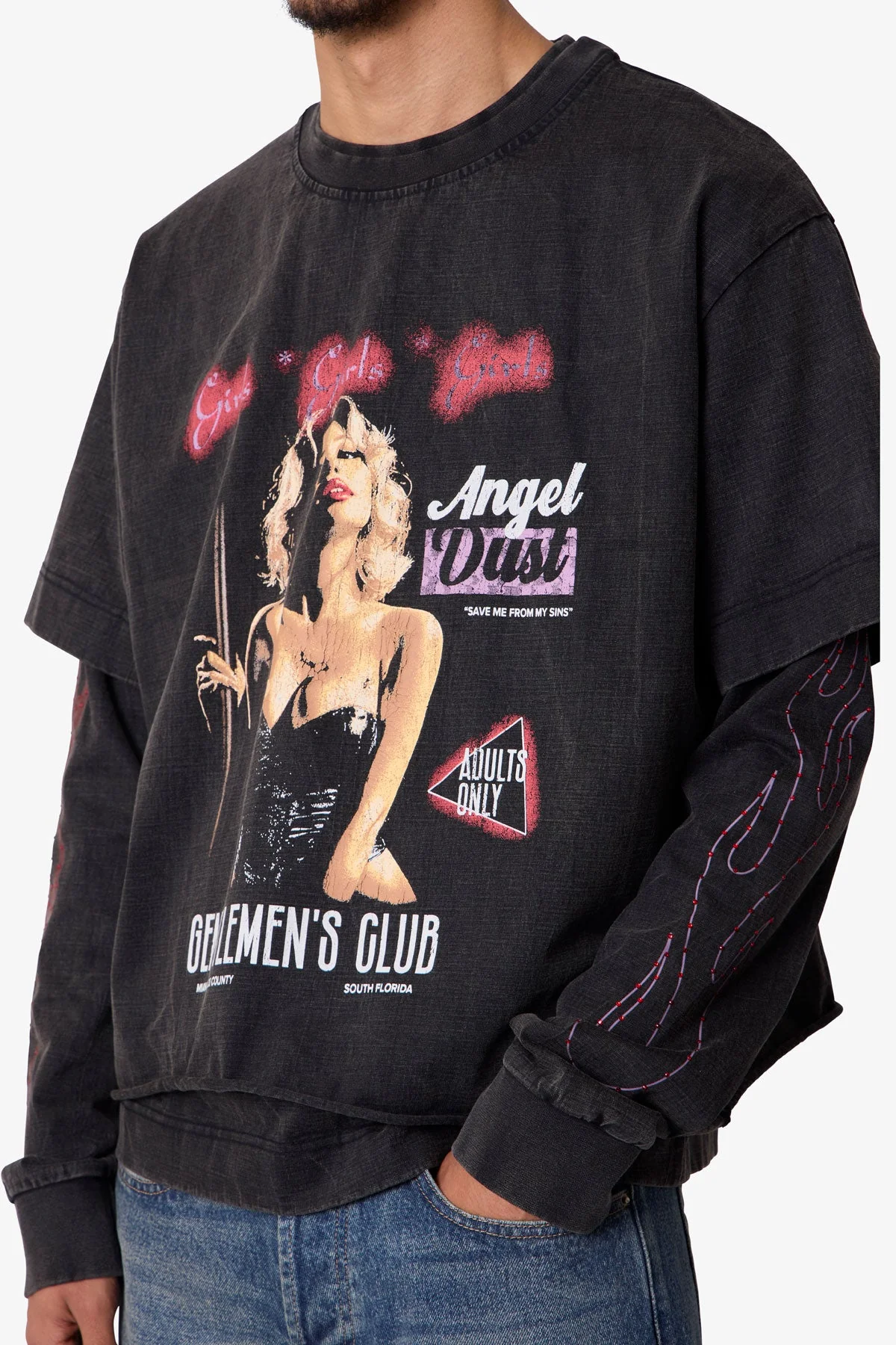 Gentlemens Club Printed L/S Tee - Washed Black - Image 7