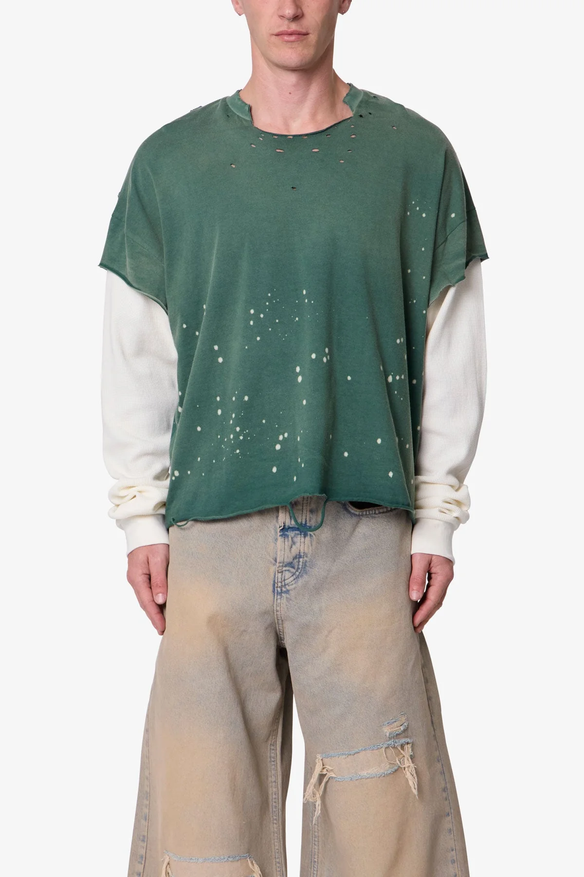 Layered Distressed Painted L/S Tee - Green - Image 2