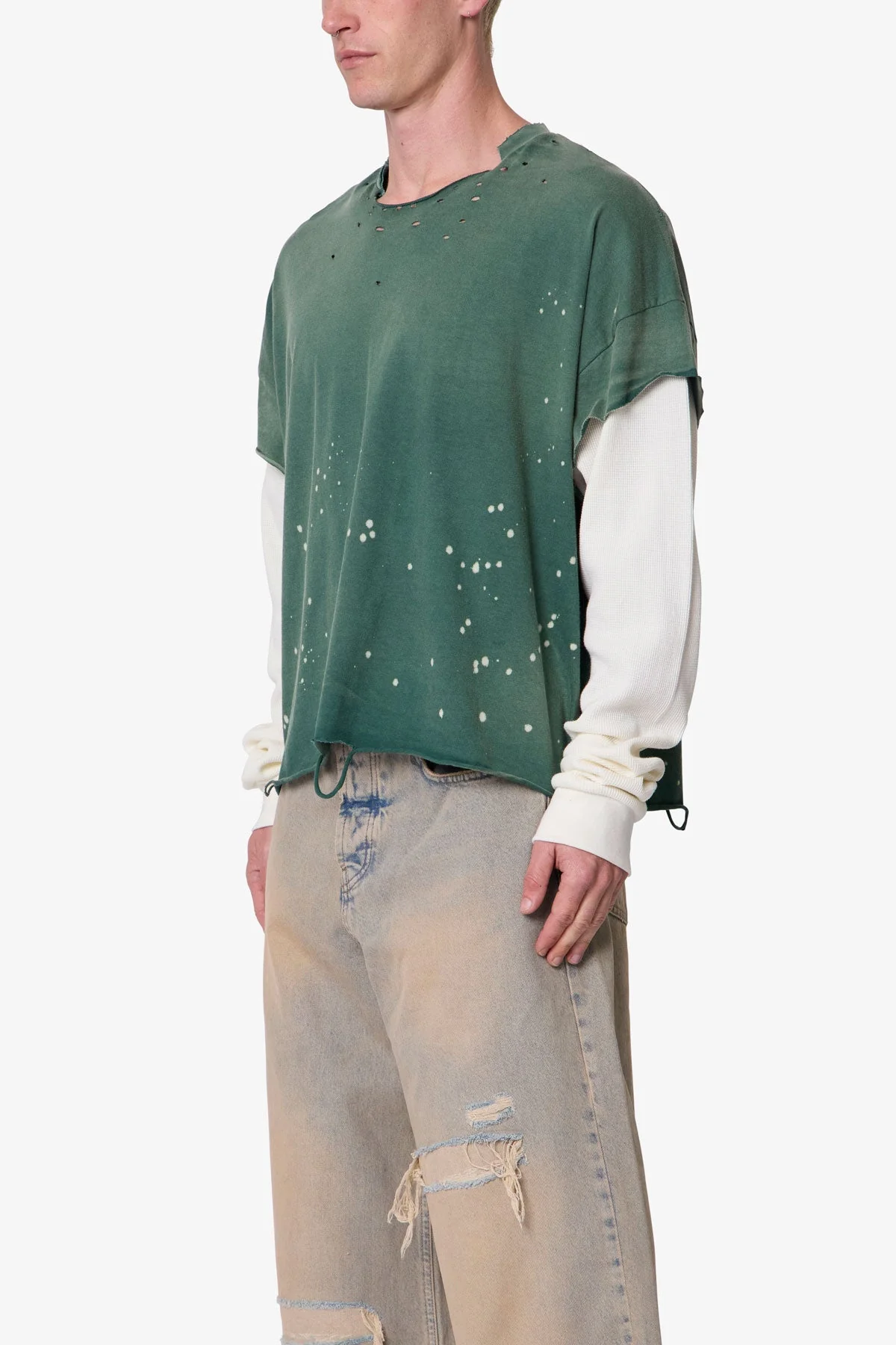 Layered Distressed Painted L/S Tee - Green - Image 3