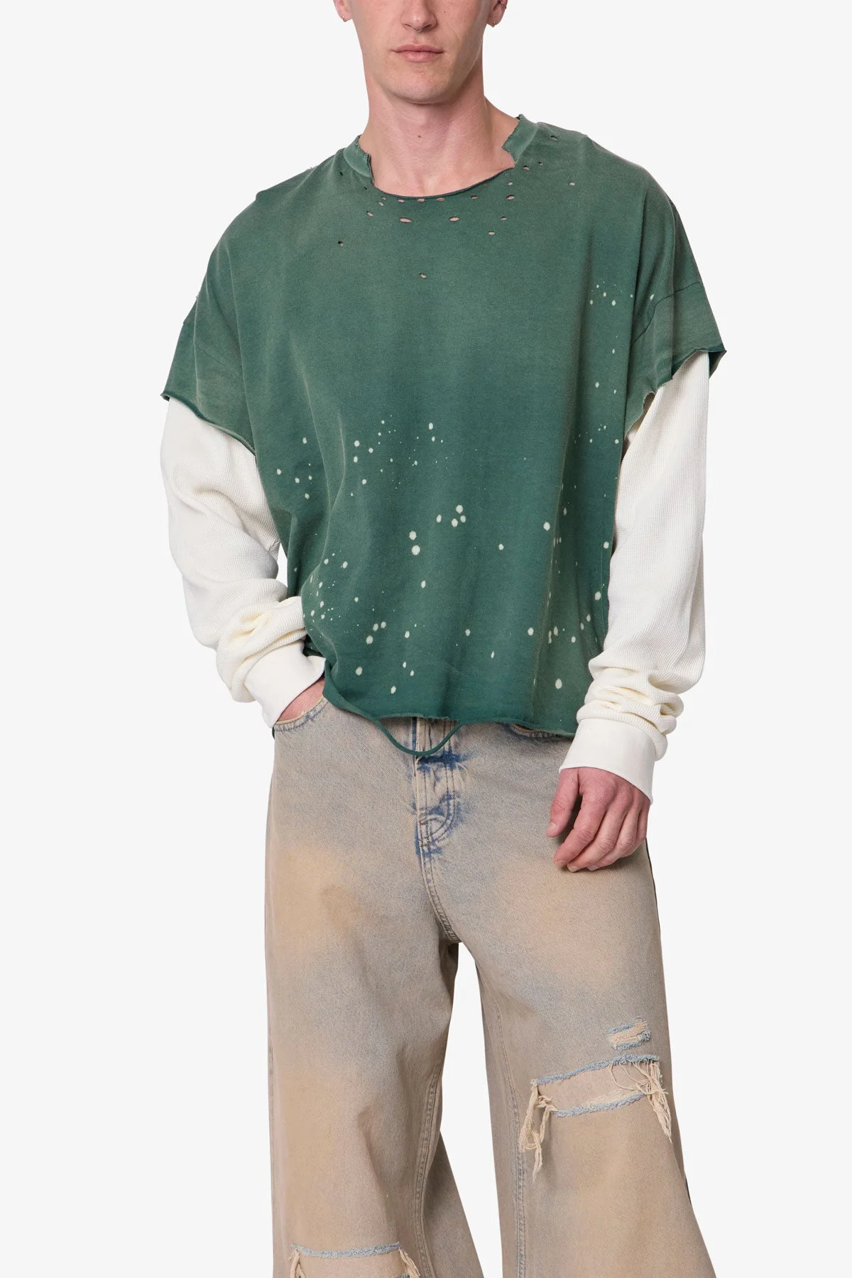 Layered Distressed Painted L/S Tee - Green - Image 6