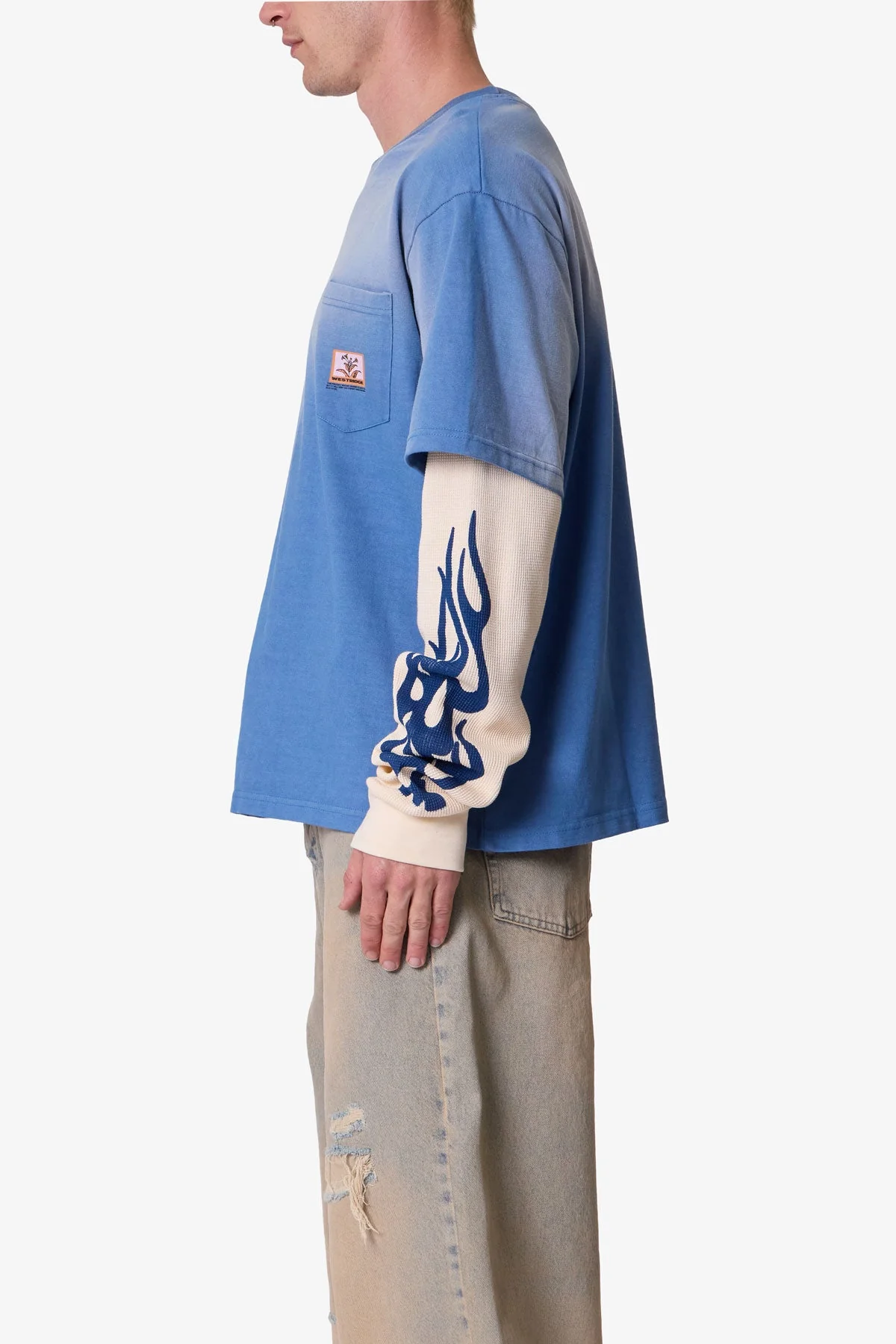 Layered Flame Pocket L/S Tee - Washed Blue - Image 4