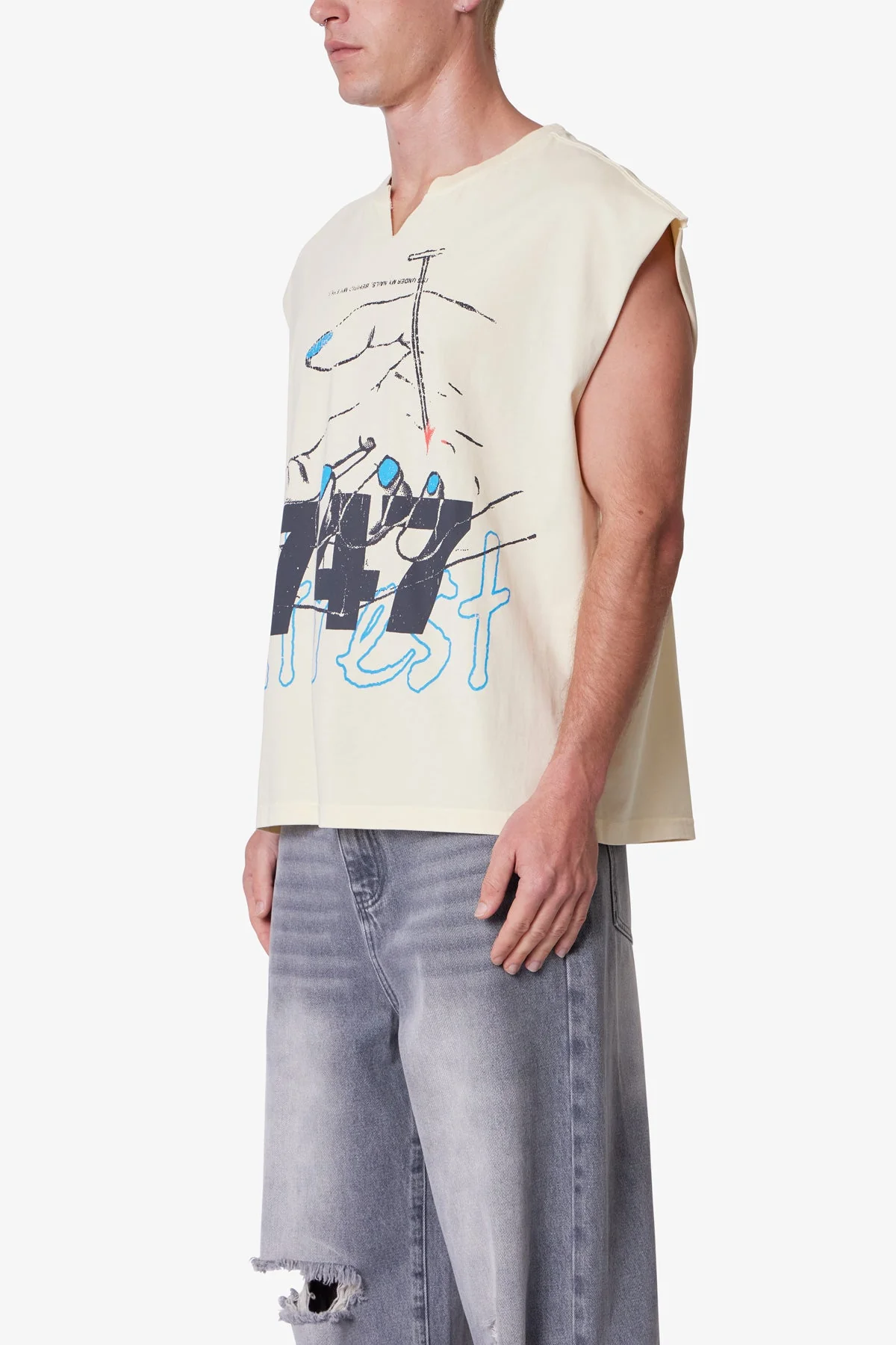 Nail Printed Cut Off Tee - Antique White - Image 3