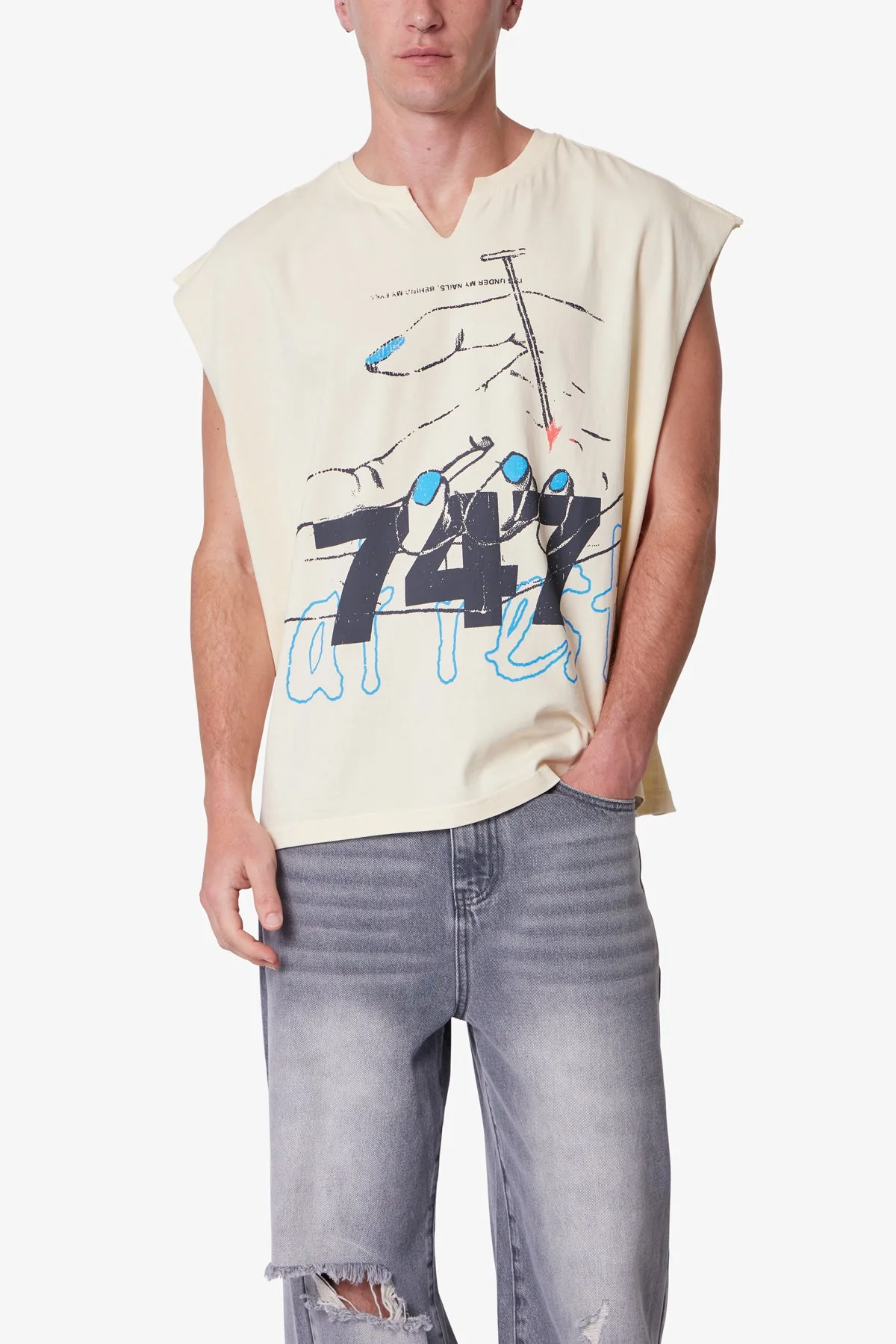 Nail Printed Cut Off Tee - Antique White - Image 7