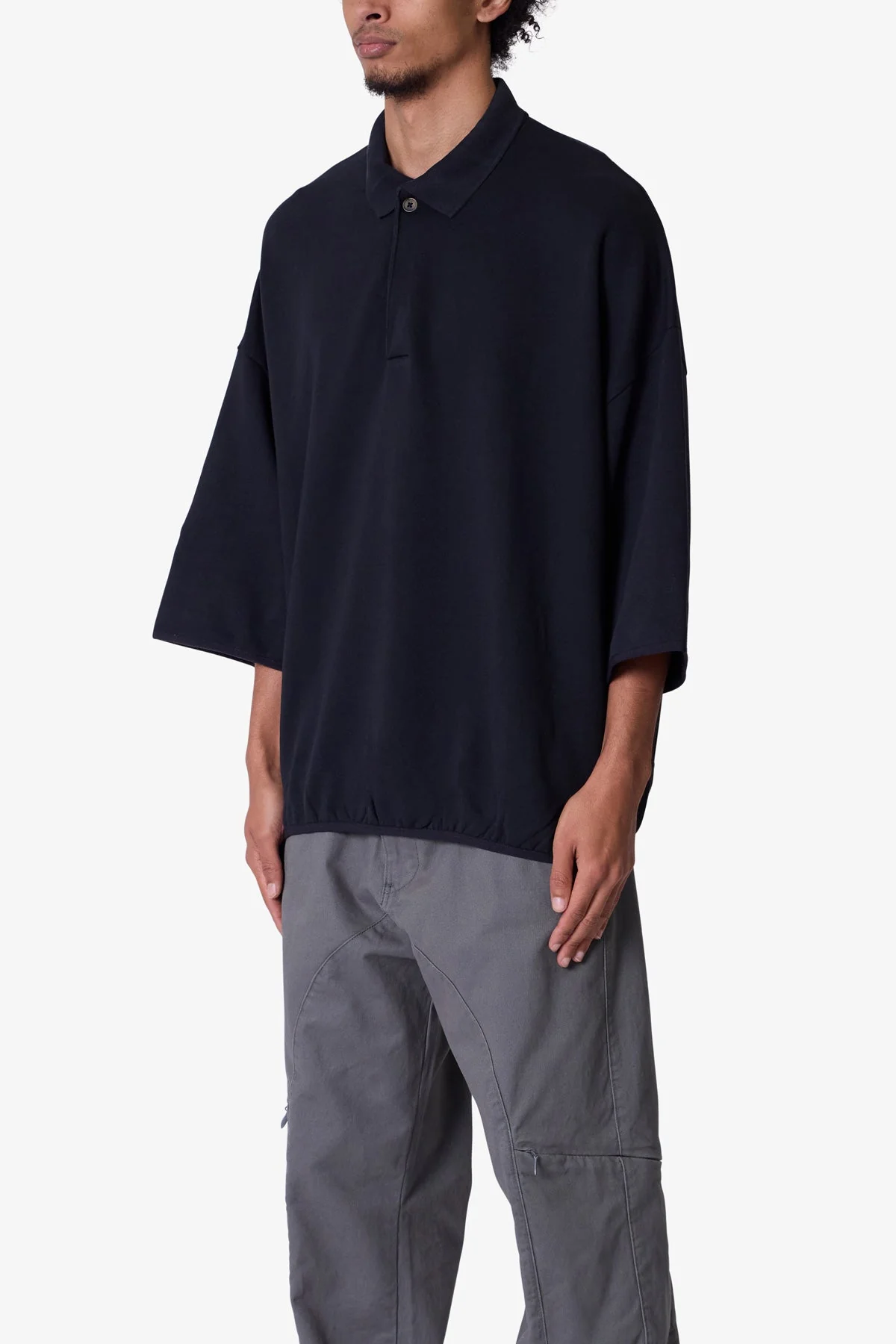 Oversized Knit Polo S/S Shirt - Black - Image 3