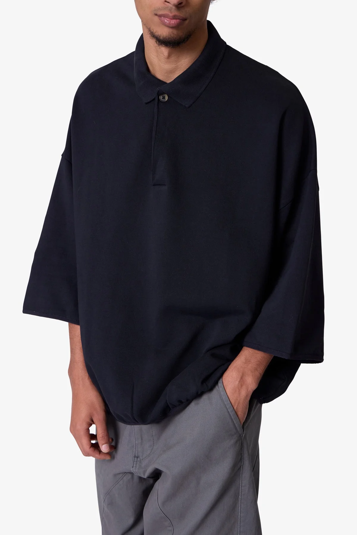 Oversized Knit Polo S/S Shirt - Black - Image 6