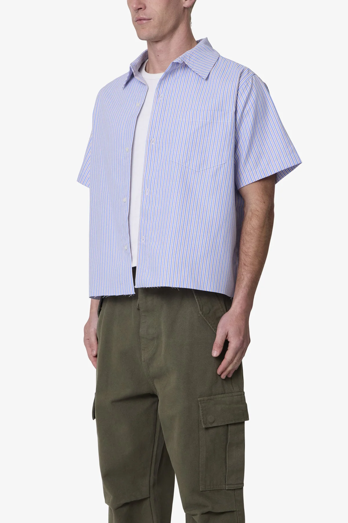 Striped Poplin Cropped S/S Shirt - Blue - Image 3