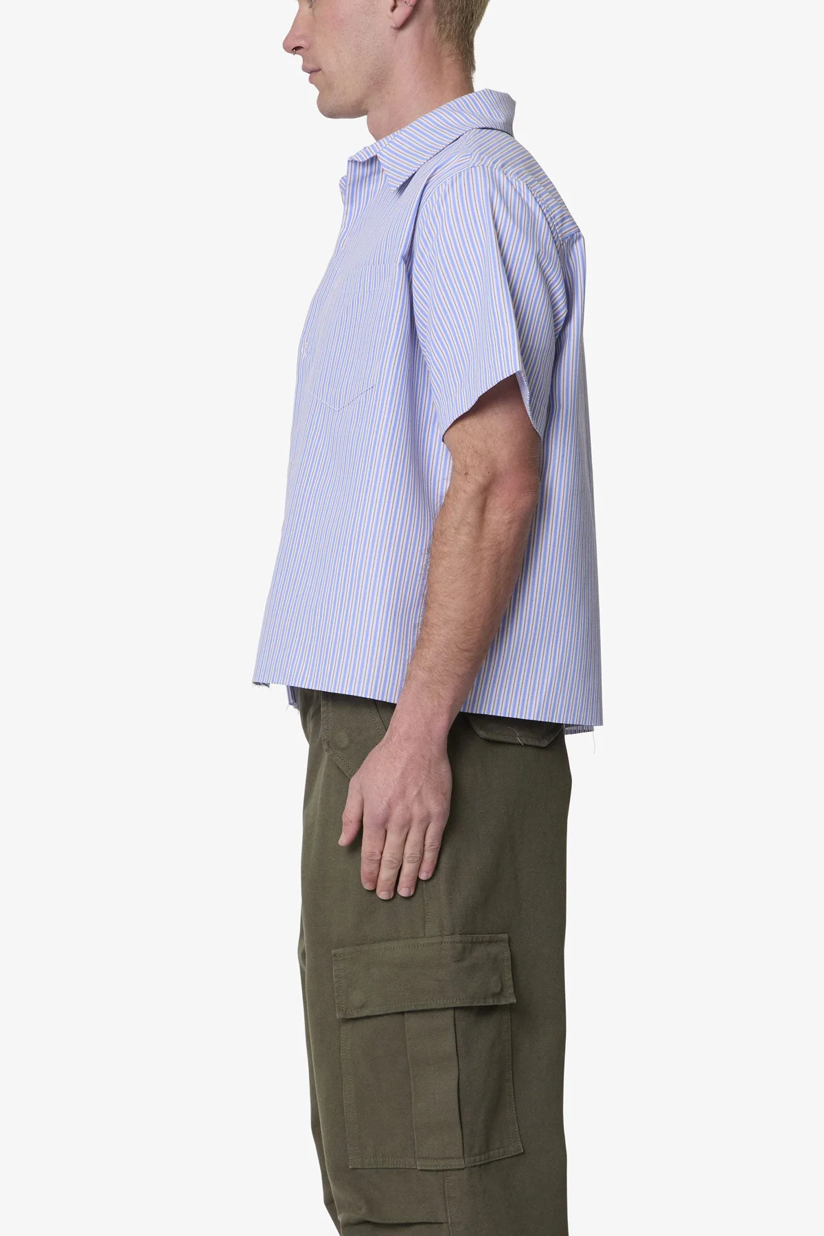 Striped Poplin Cropped S/S Shirt - Blue - Image 4