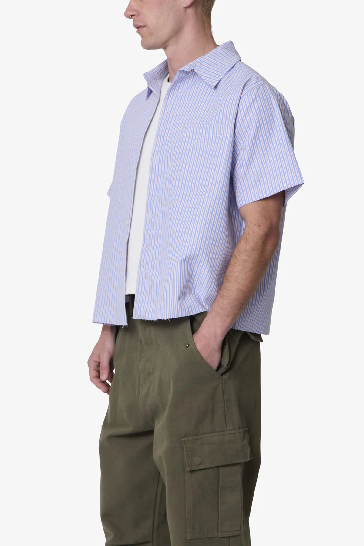 Striped Poplin Cropped S/S Shirt - Blue - Image 6