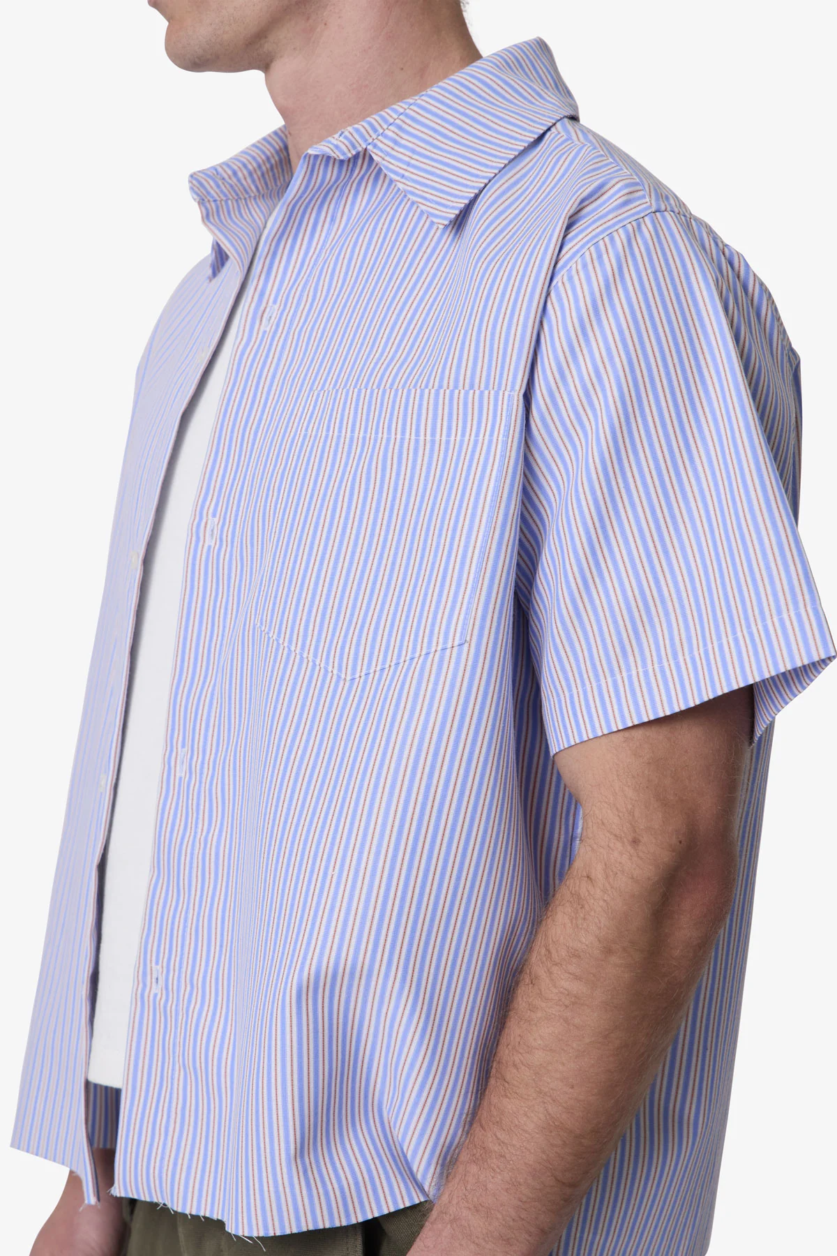 Striped Poplin Cropped S/S Shirt - Blue - Image 7