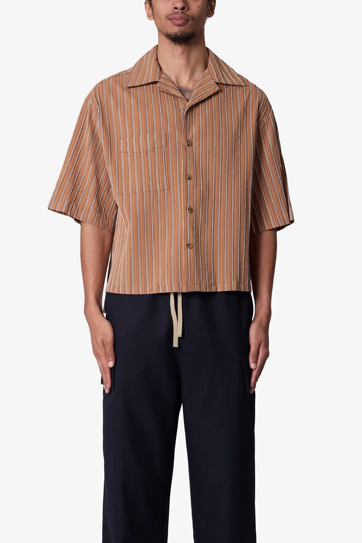 Striped Woven Cropped Shirt - Brown - Image 2