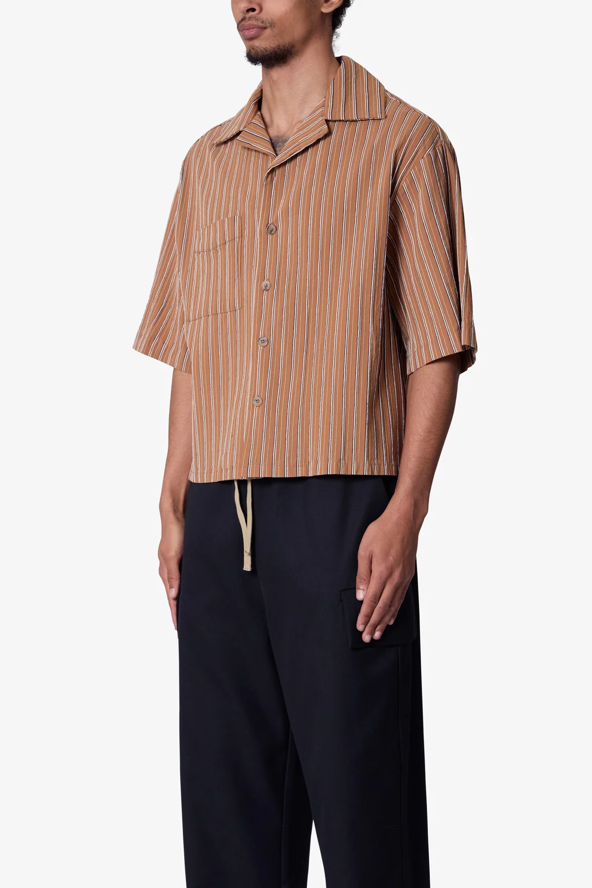 Striped Woven Cropped Shirt - Brown - Image 3