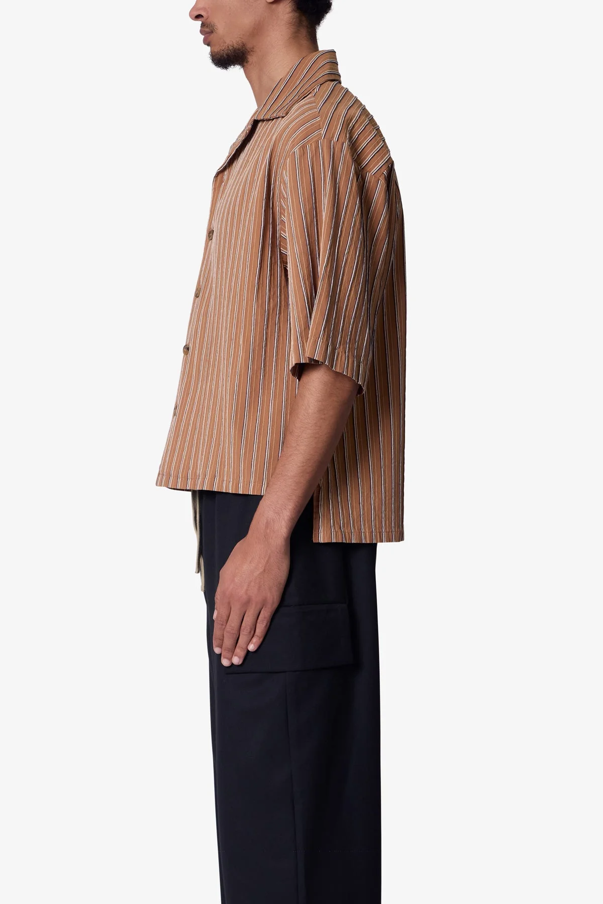 Striped Woven Cropped Shirt - Brown - Image 4