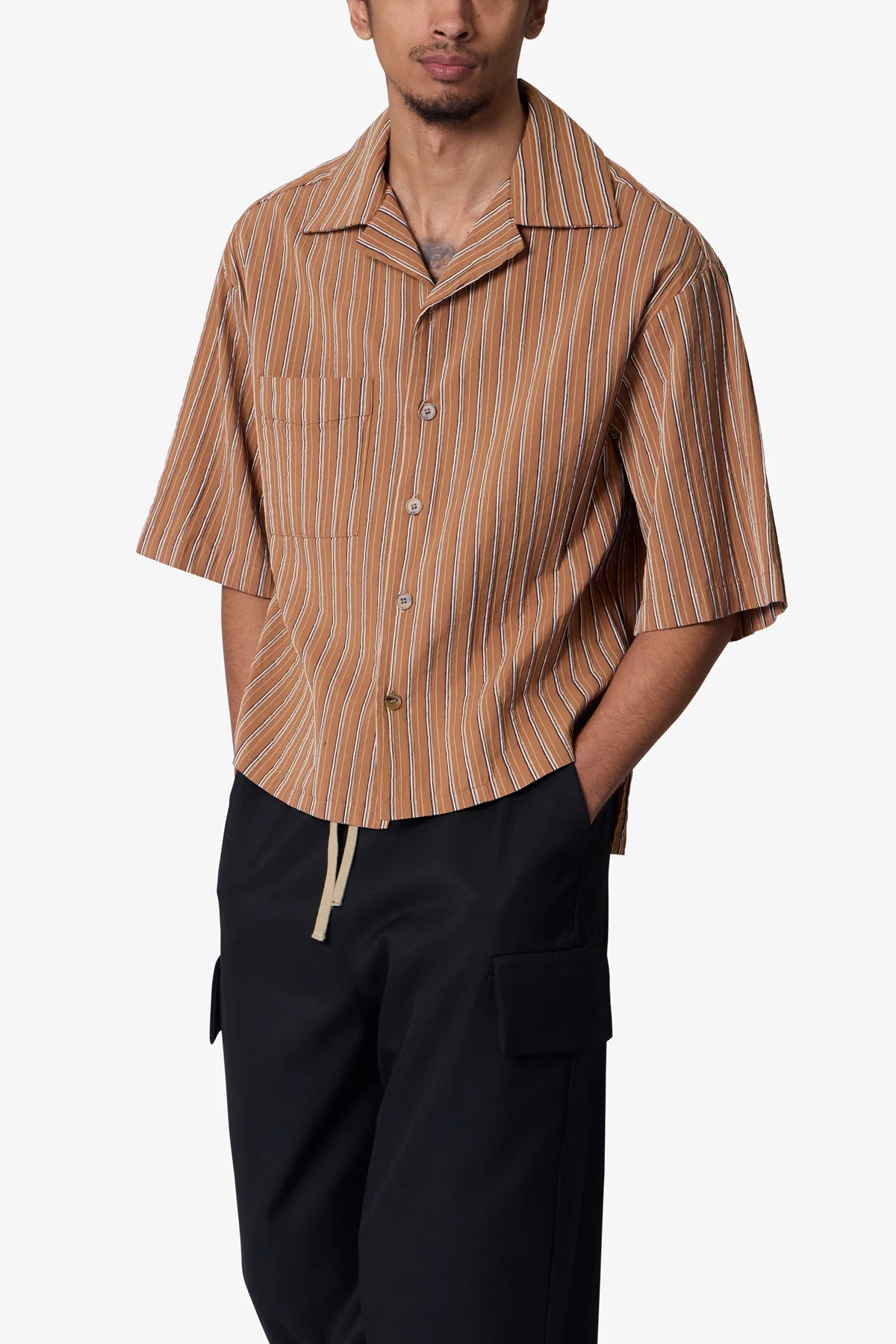 Striped Woven Cropped Shirt - Brown - Image 6