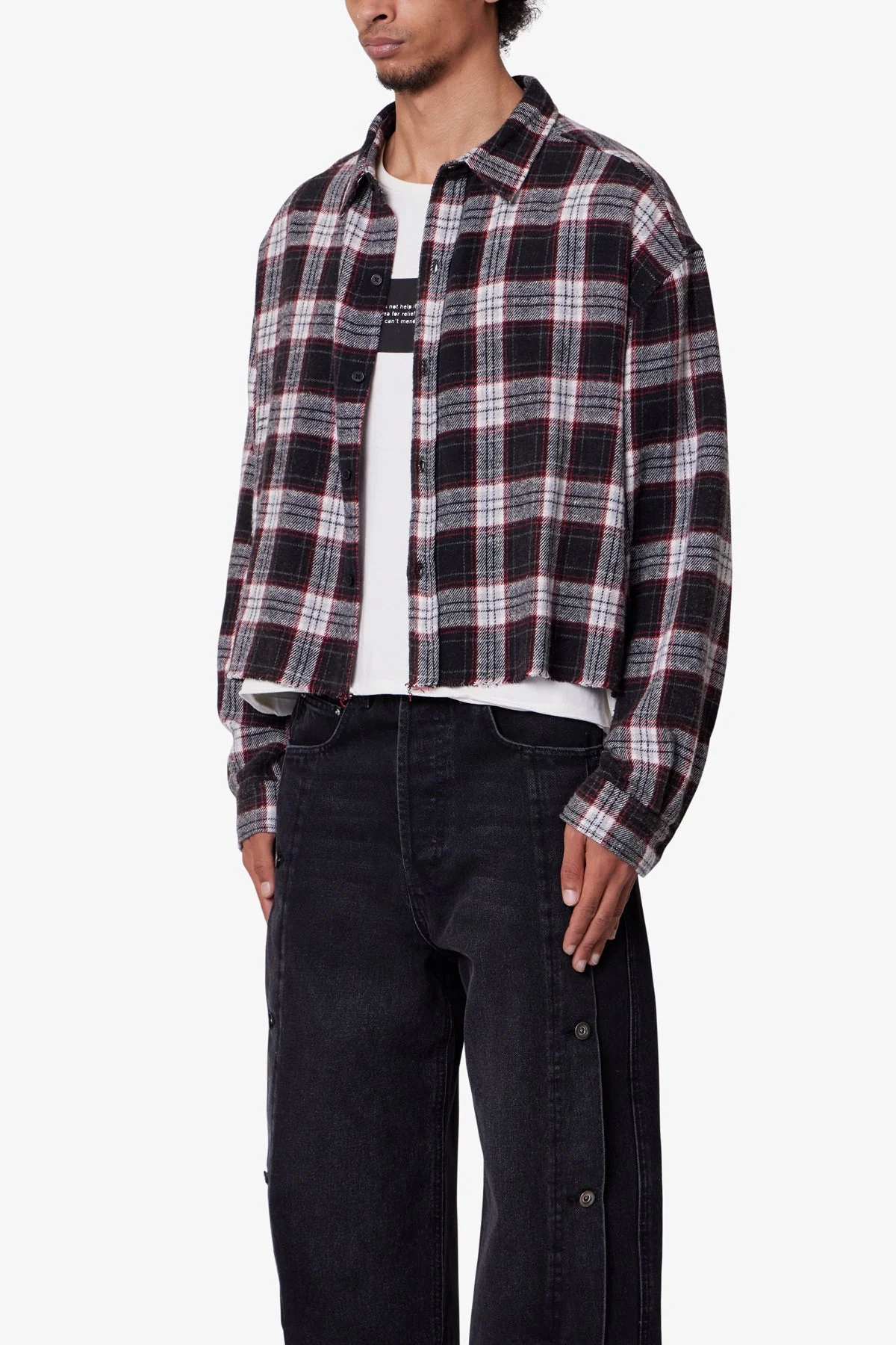 Washed Cropped Flannel Shirt - Black/White - Image 3