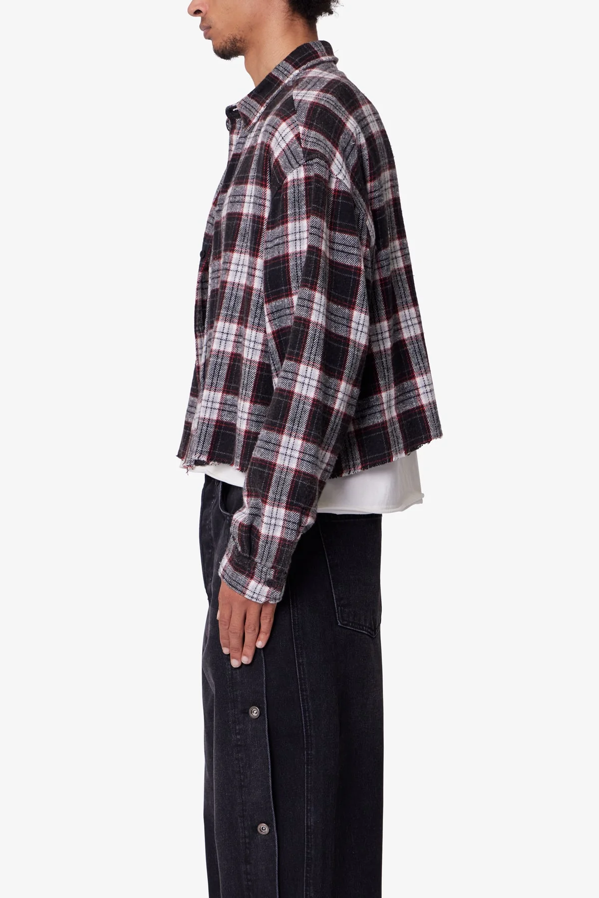 Washed Cropped Flannel Shirt - Black/White - Image 4