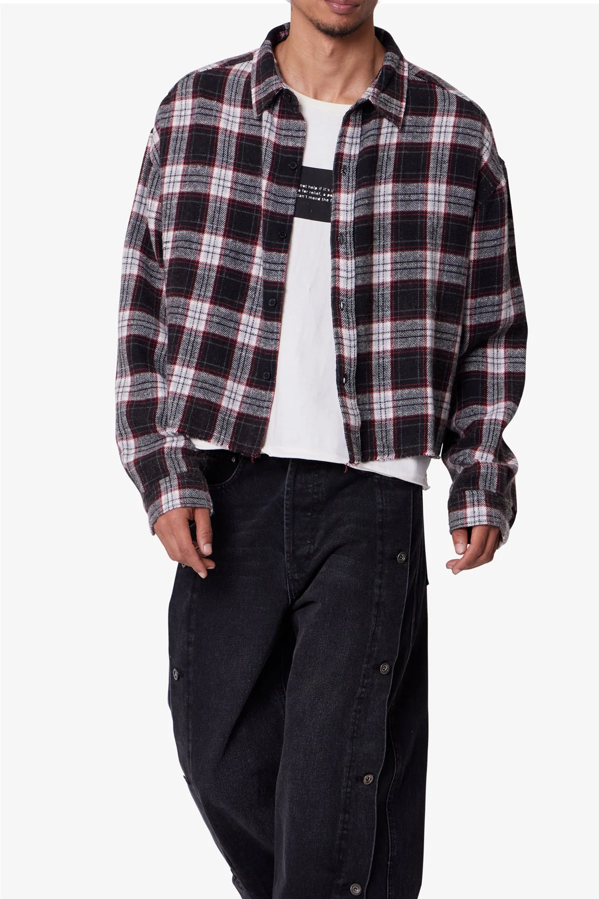 Washed Cropped Flannel Shirt - Black/White - Image 6