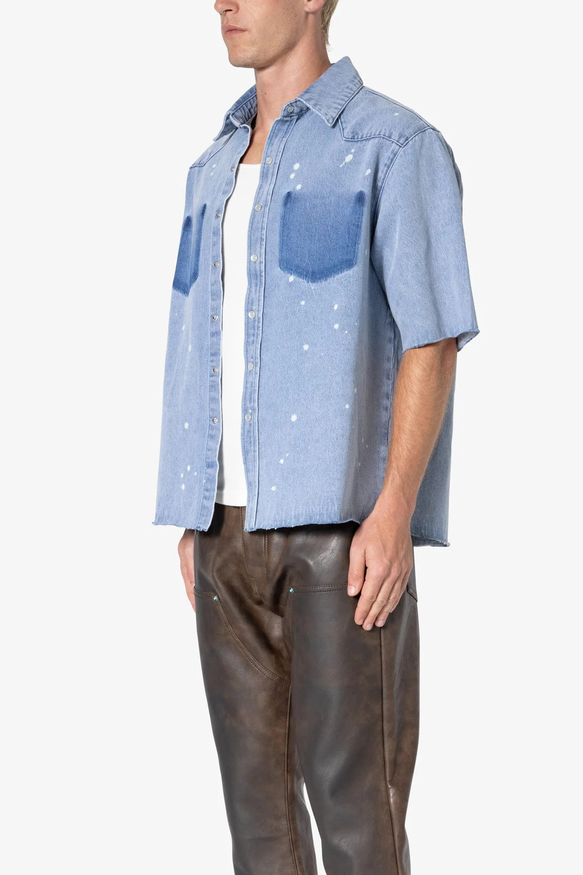 Washed Denim Button Up Shirt - Blue - Image 3