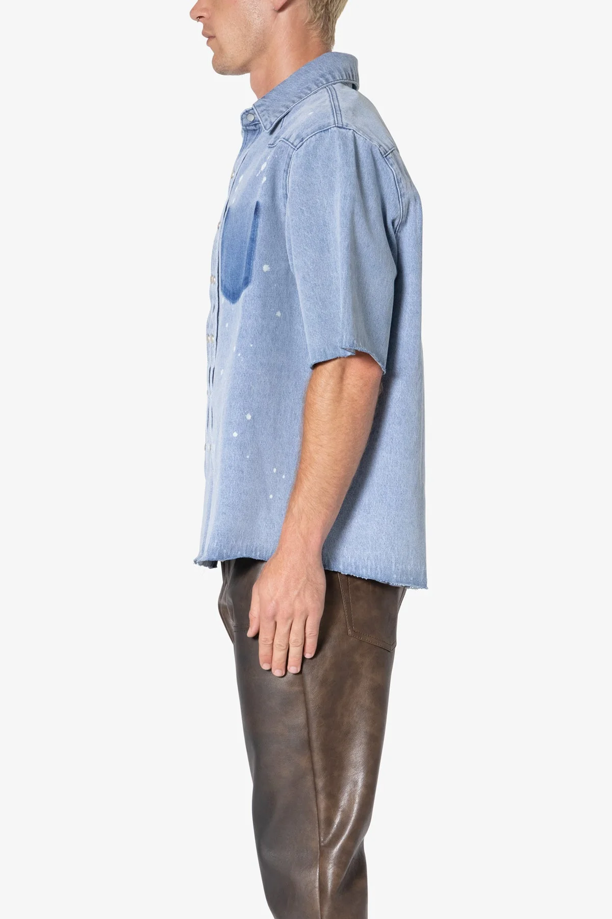 Washed Denim Button Up Shirt - Blue - Image 4