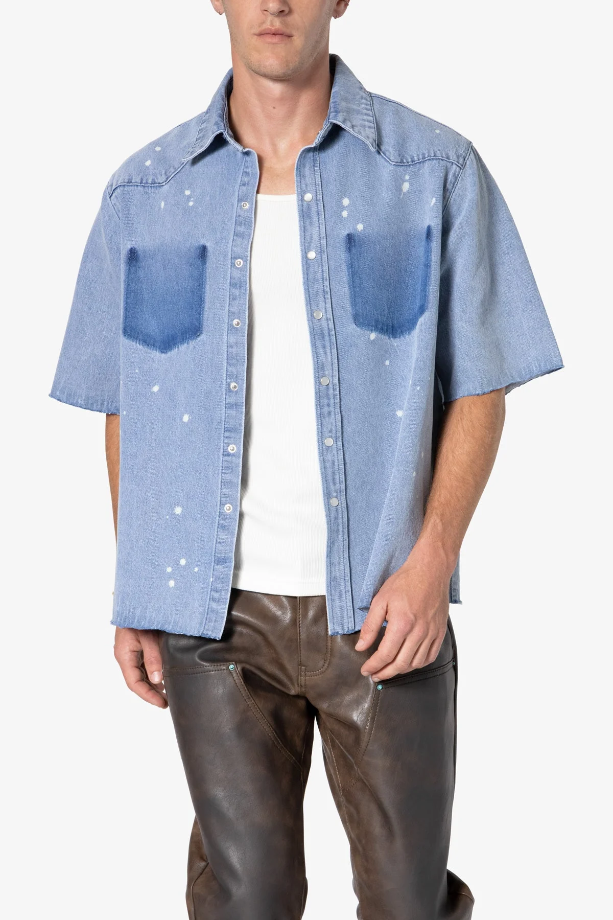 Washed Denim Button Up Shirt - Blue - Image 6