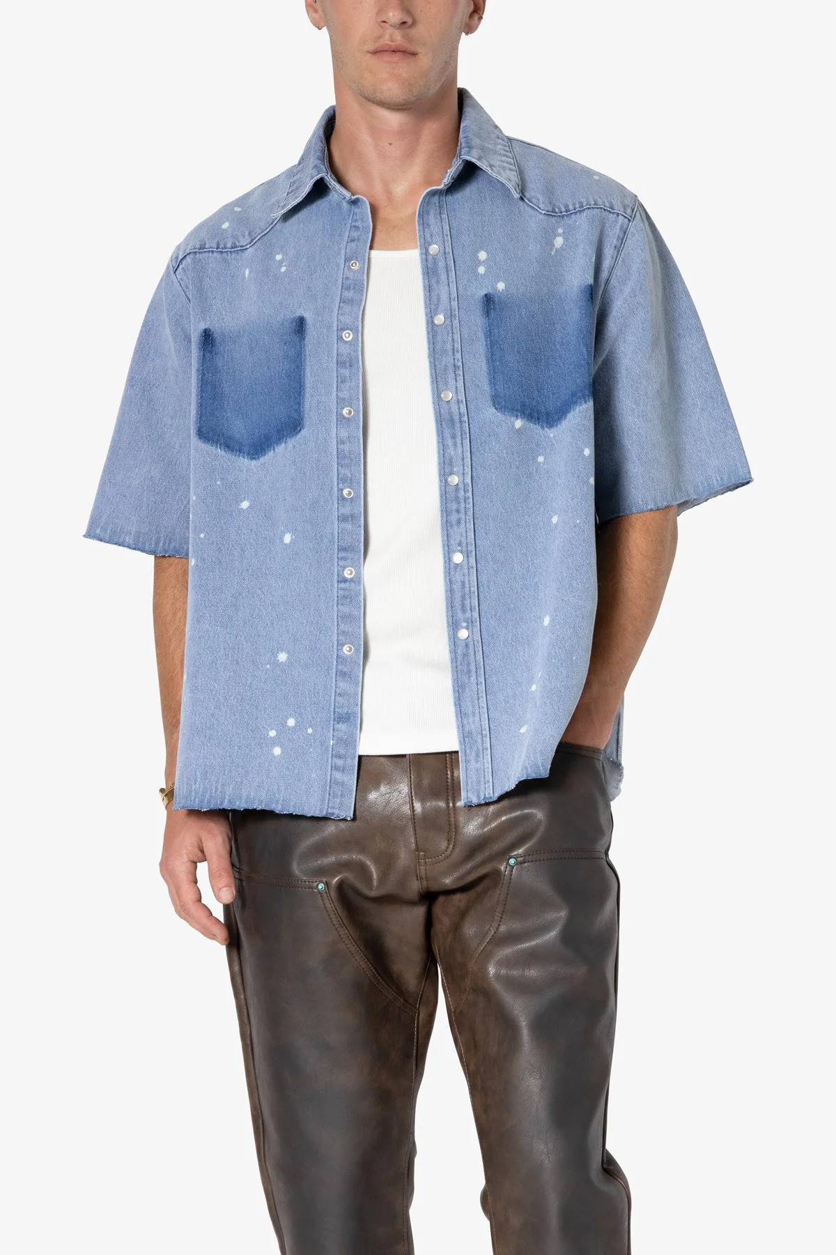 Washed Denim Button Up Shirt - Blue - Image 7