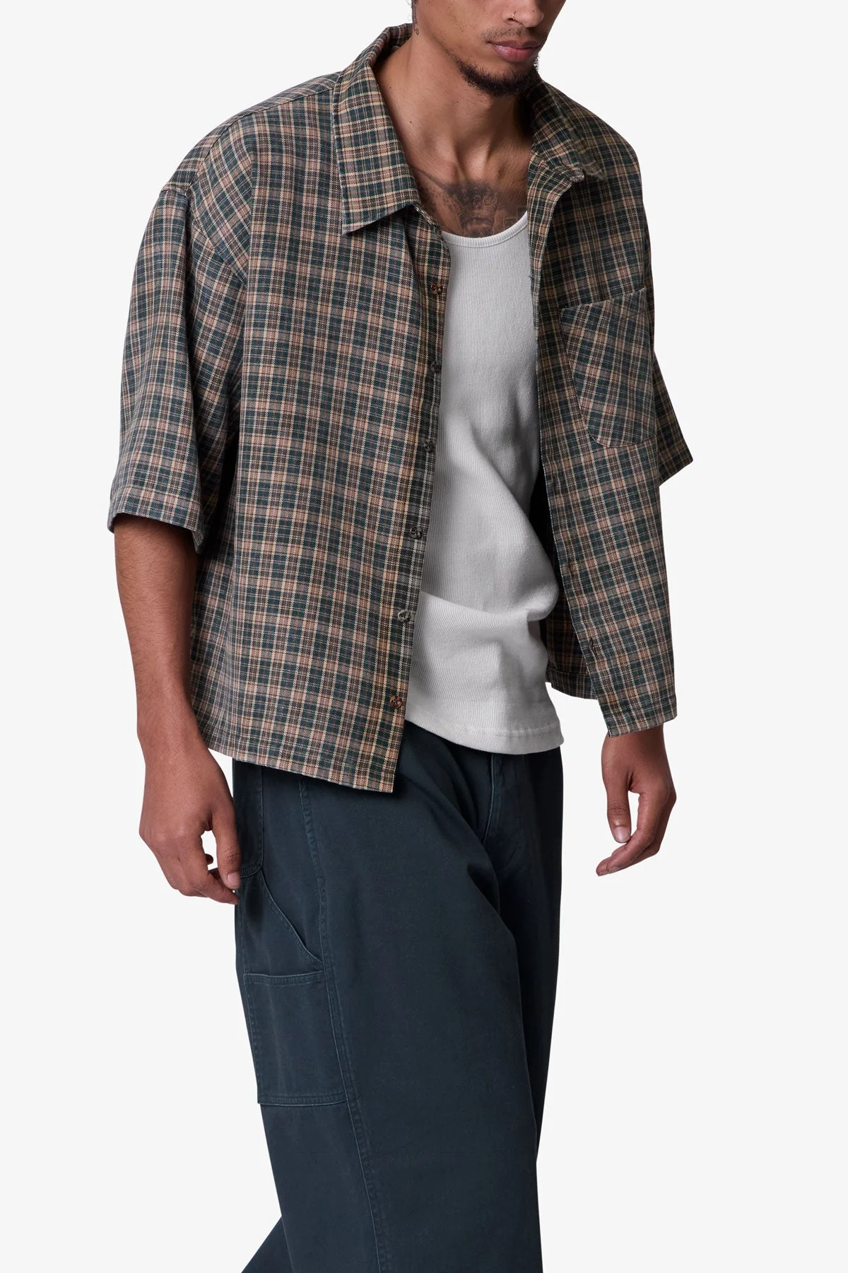 Washed Poplin Over Shirt - Green/Brown - Image 6