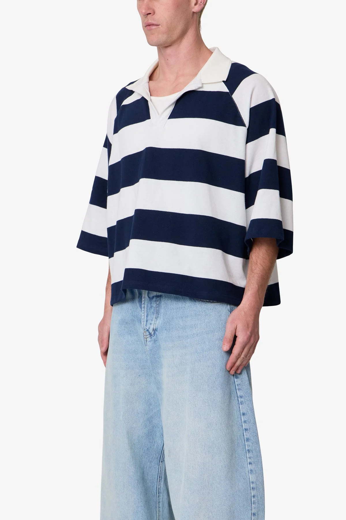 Wide Striped S/S Polo Shirt - White/Navy - Image 3