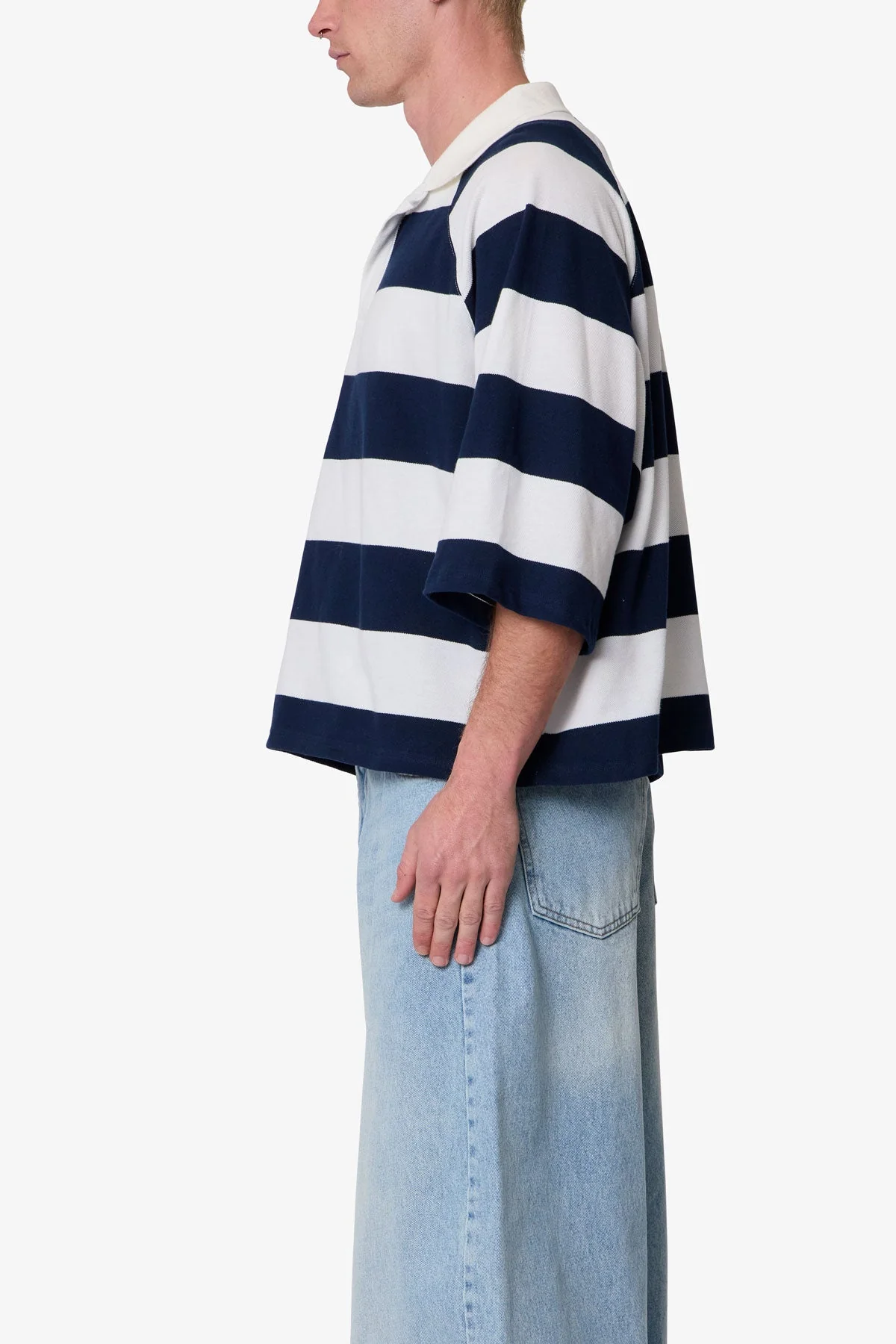 Wide Striped S/S Polo Shirt - White/Navy - Image 4