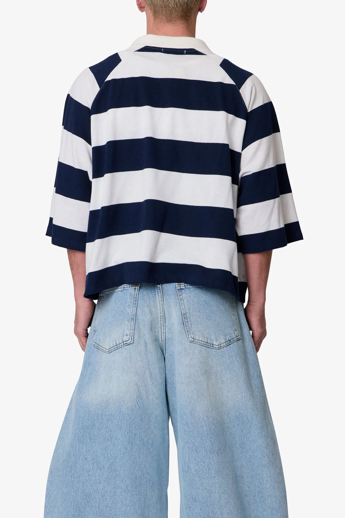 Wide Striped S/S Polo Shirt - White/Navy - Image 5
