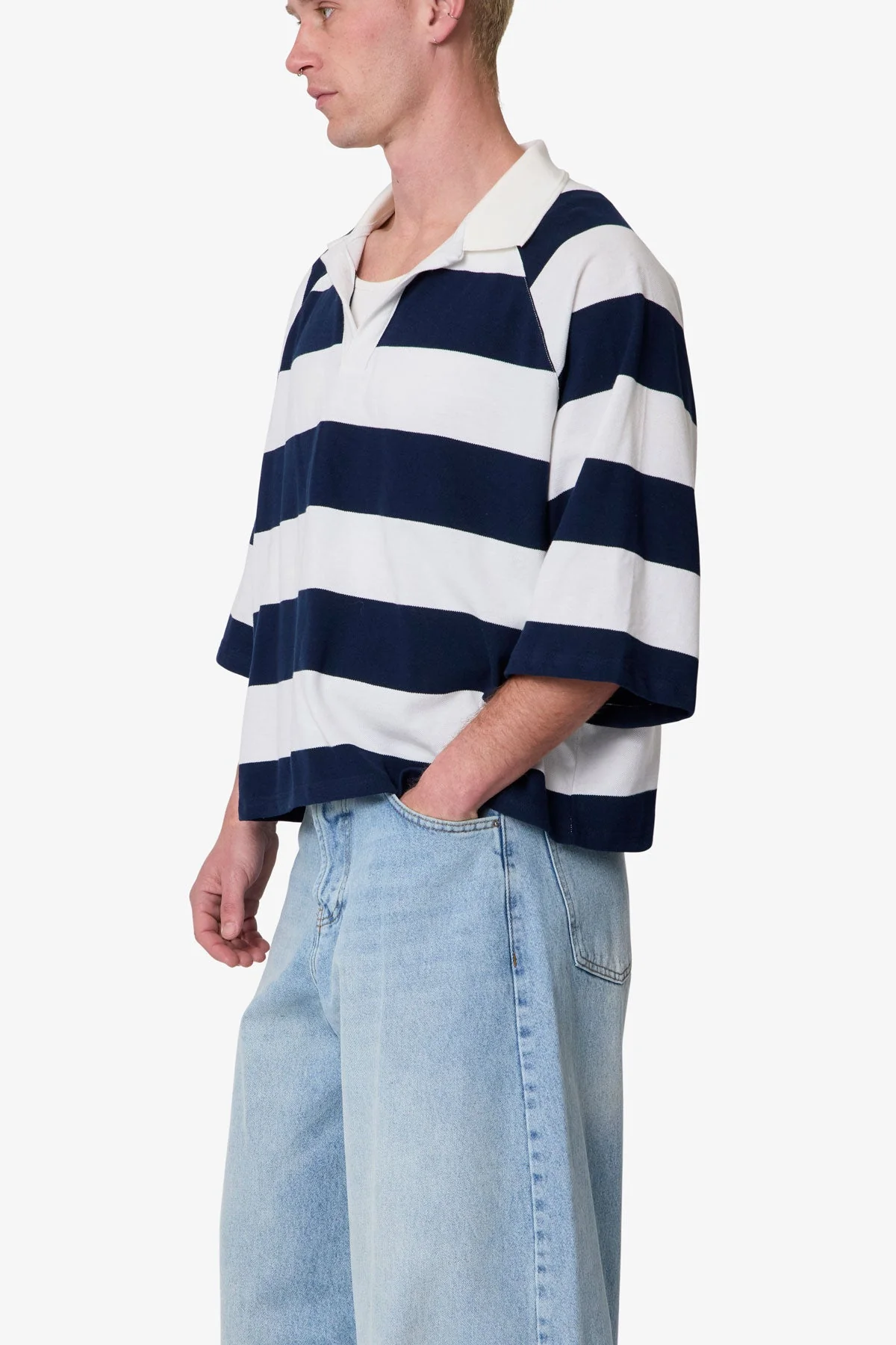 Wide Striped S/S Polo Shirt - White/Navy - Image 6