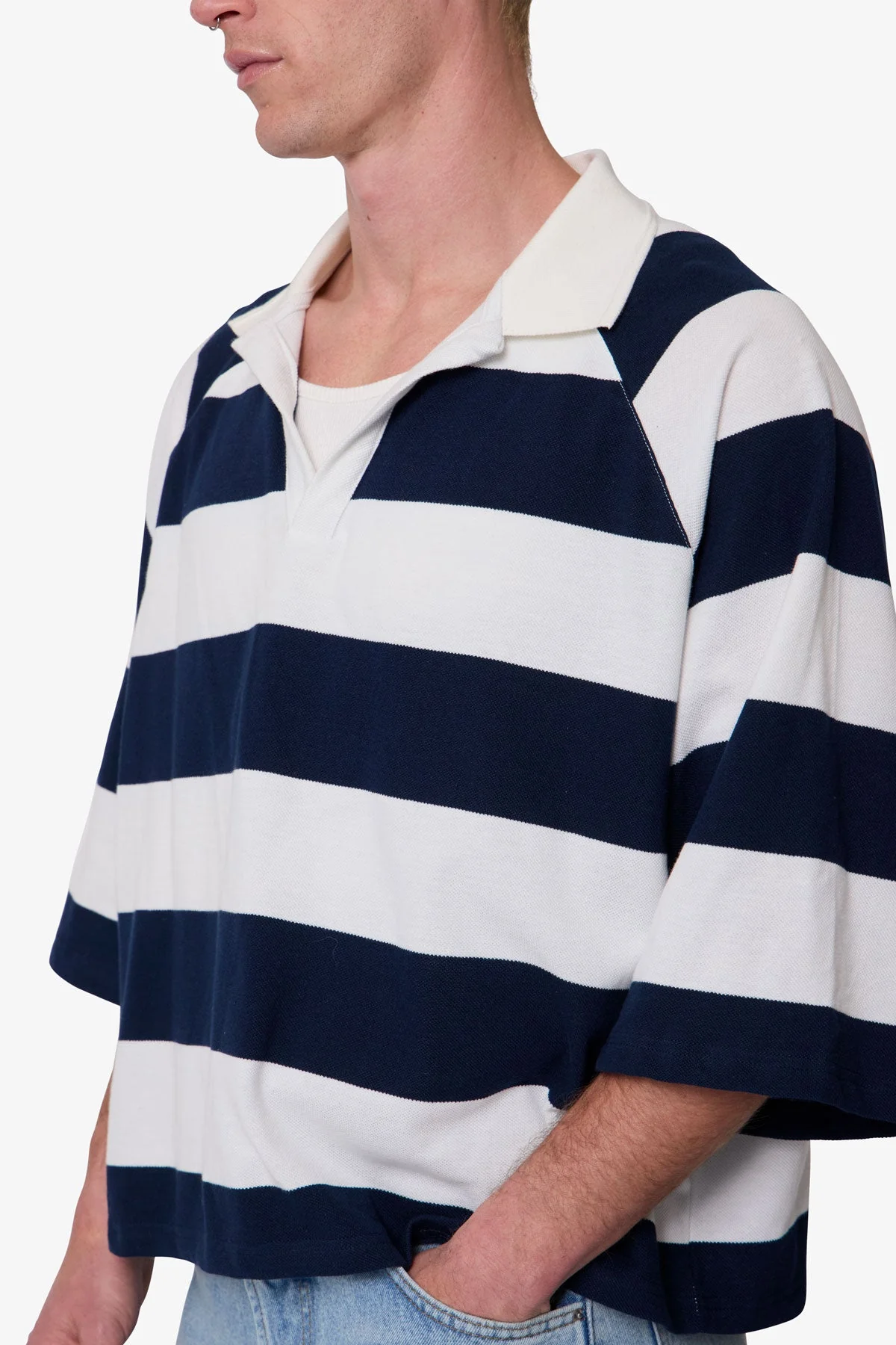 Wide Striped S/S Polo Shirt - White/Navy - Image 7